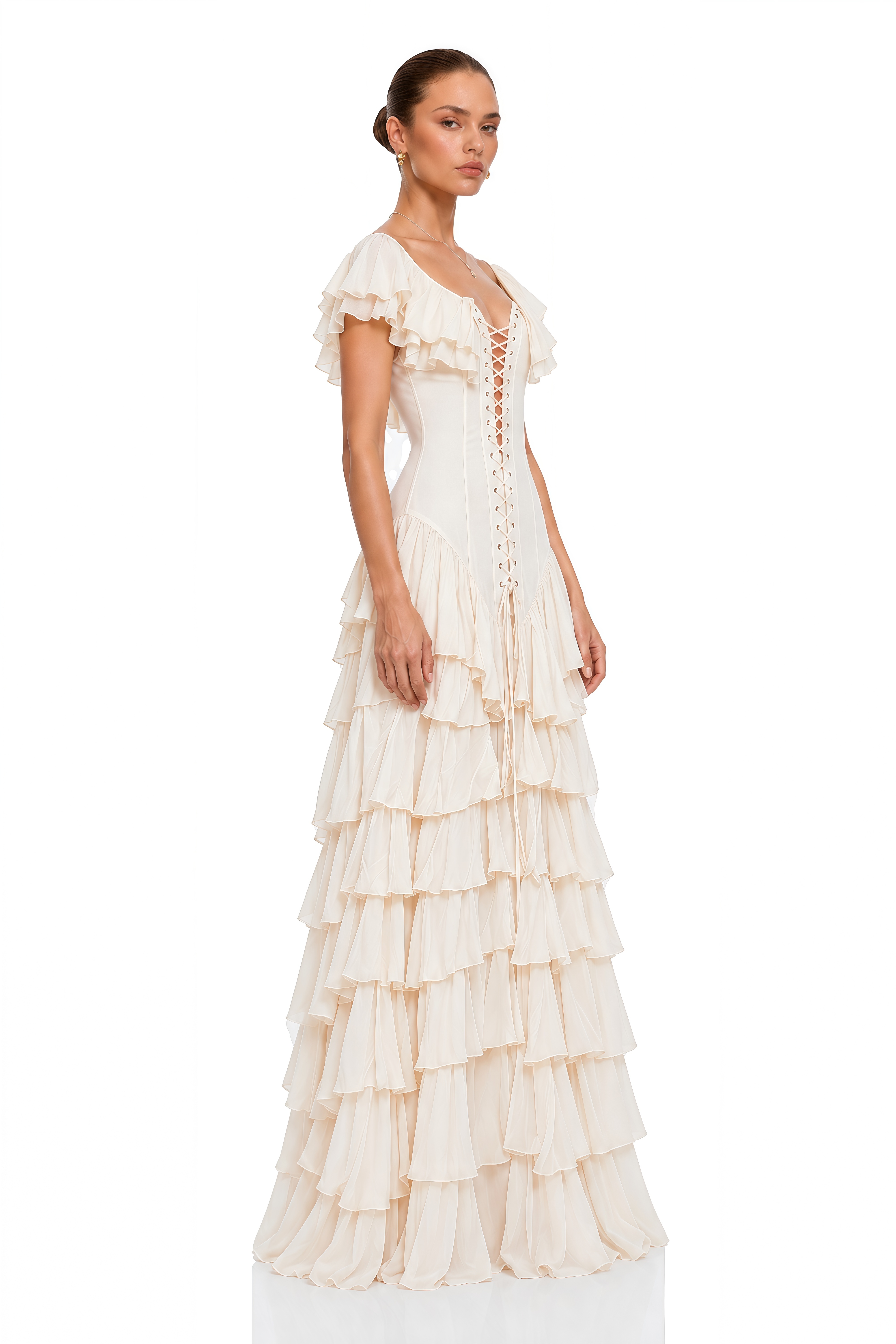 Tamsin Ivory Lace-Up Tiered Ruffle Maxi Dress