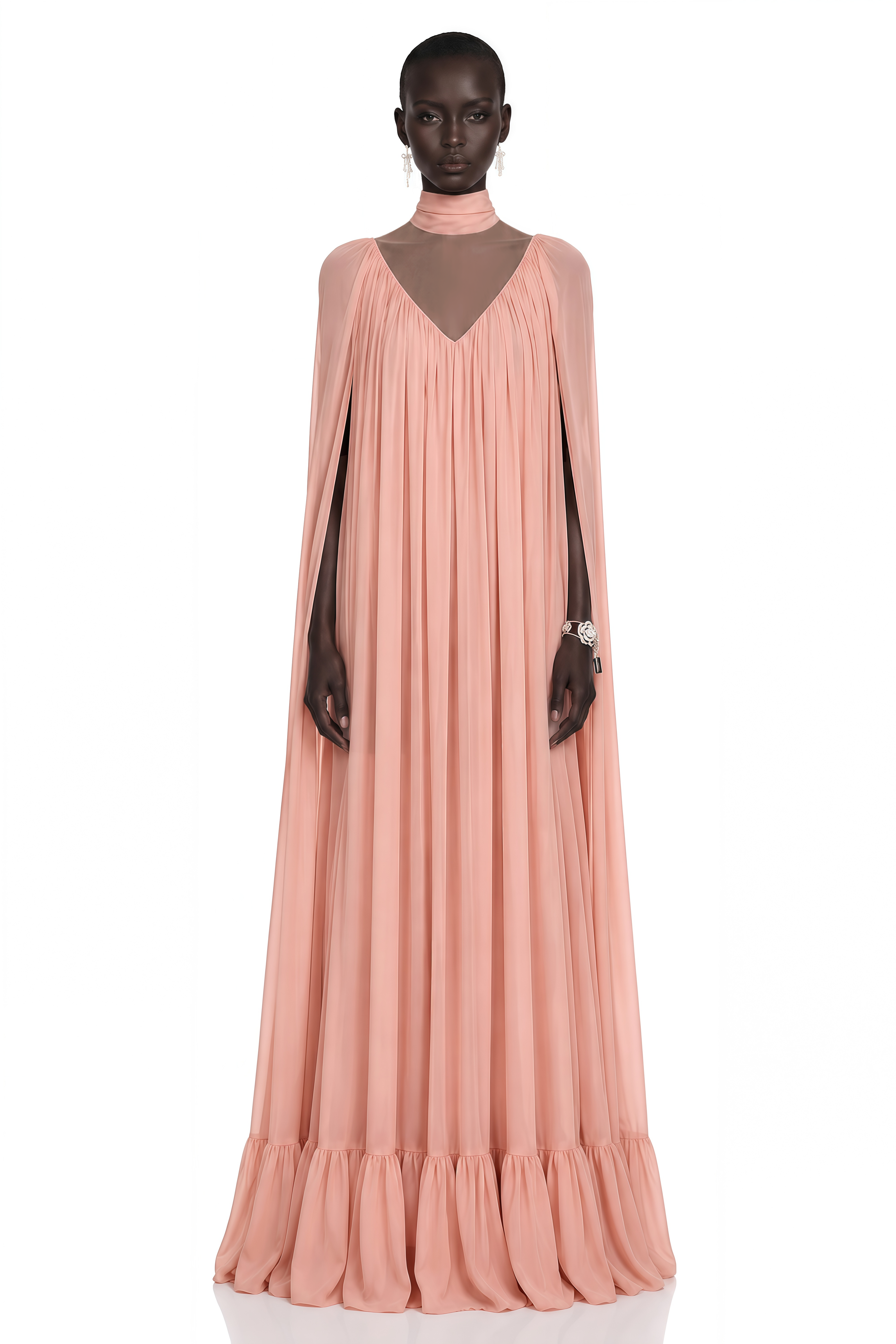 Peach pleated cape maxi gown with high neck scarf and ruffled hem