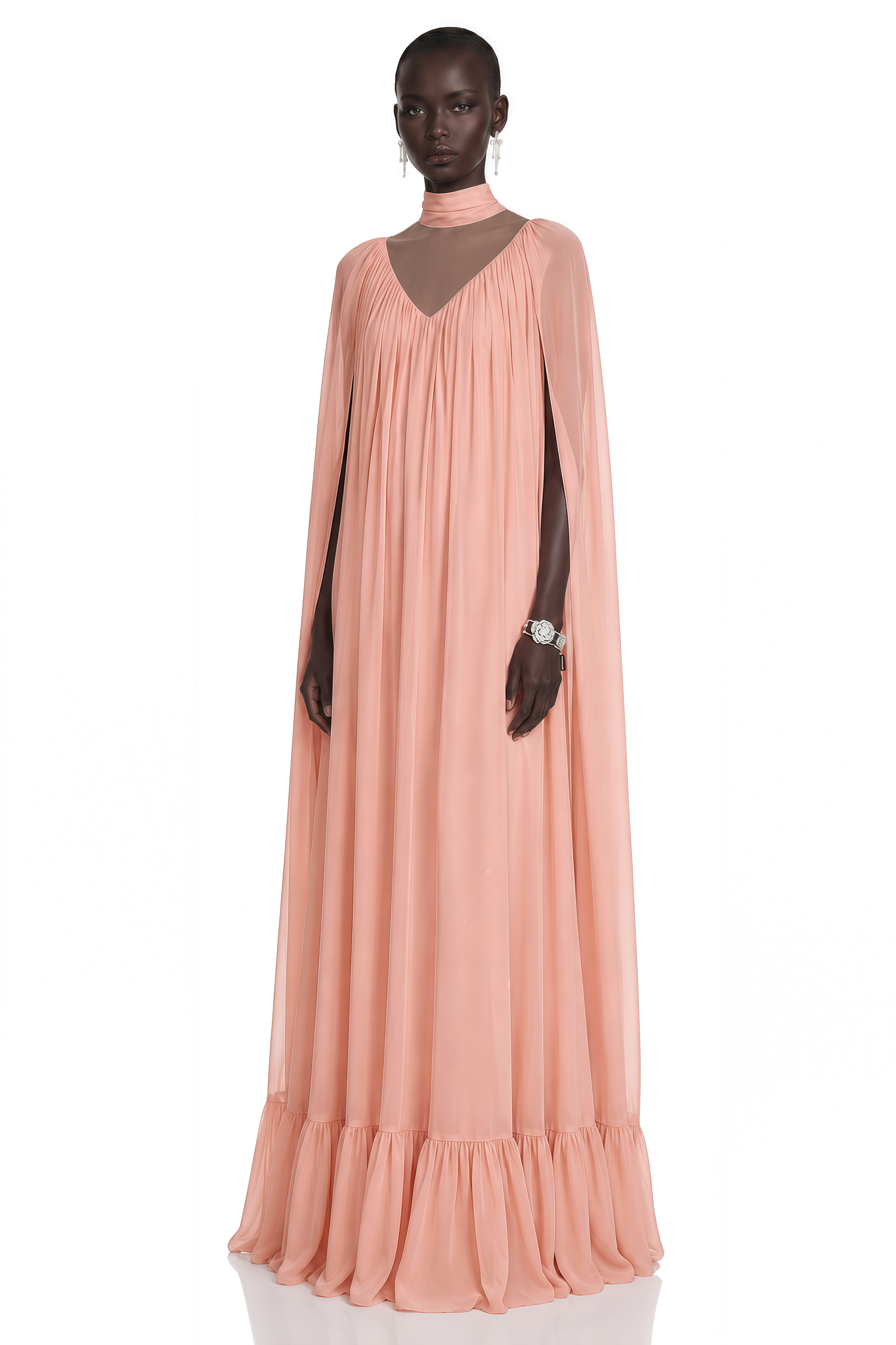 Peach pleated cape maxi gown with high neck scarf and ruffled hem