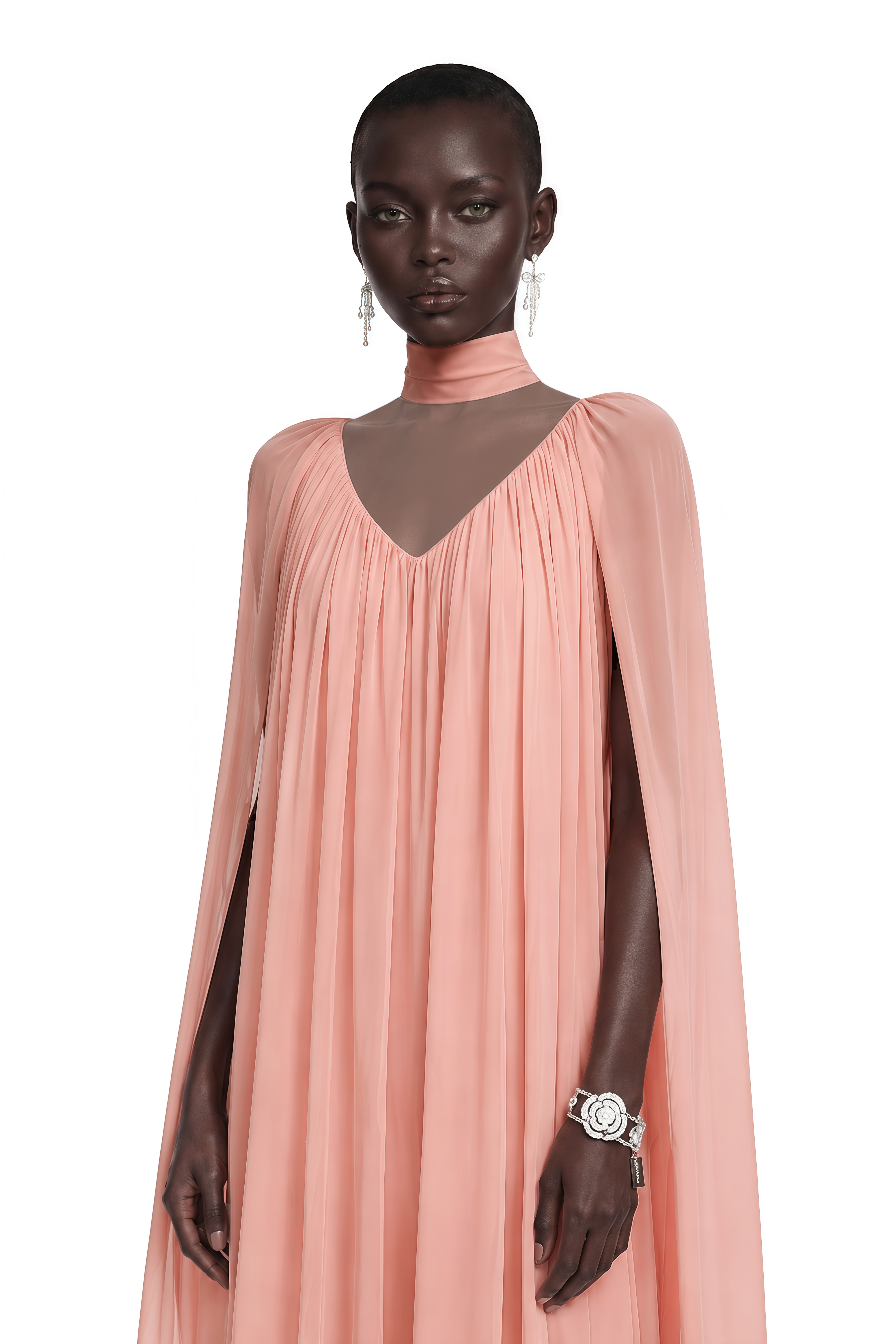 Peach pleated cape maxi gown with high neck scarf and ruffled hem