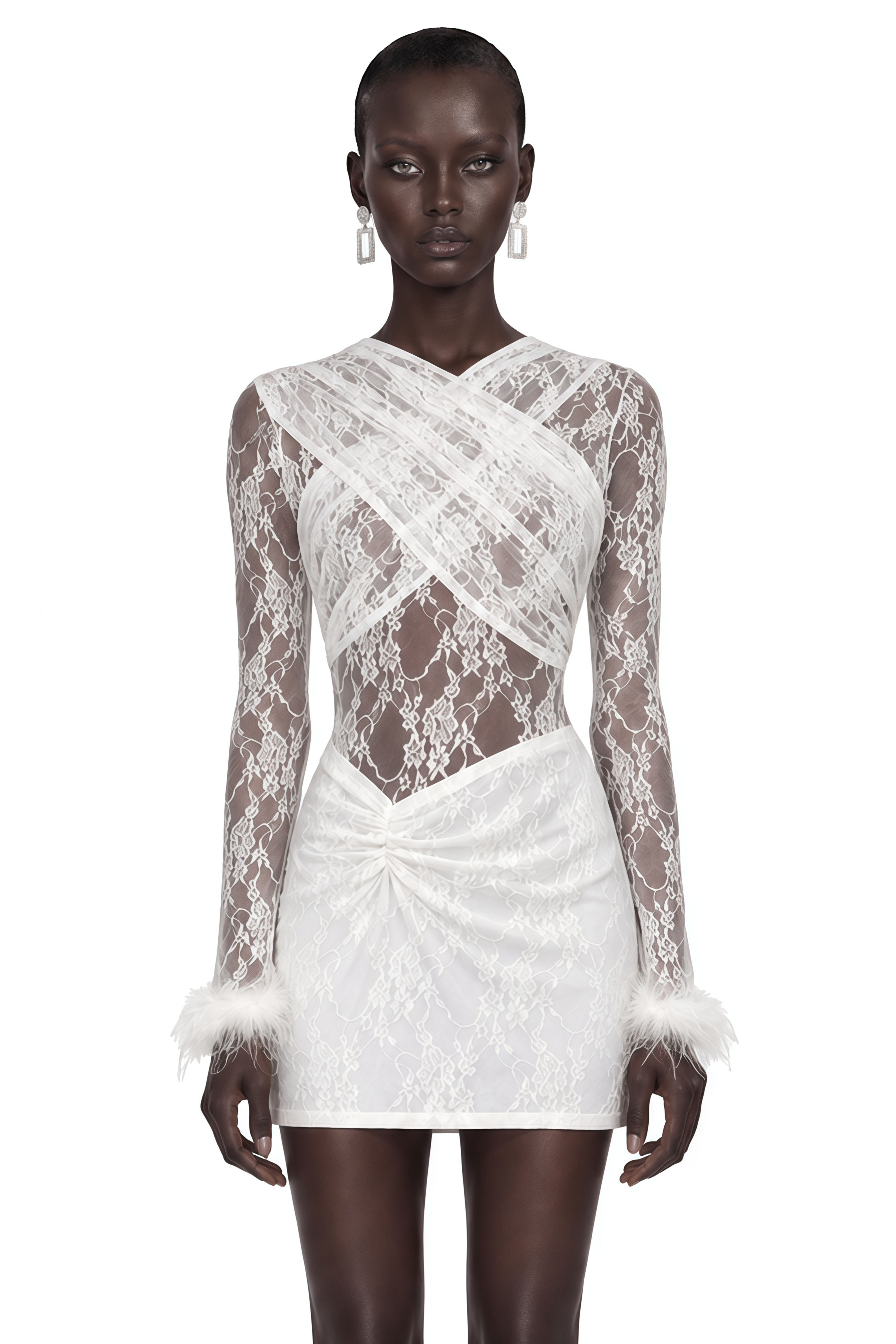 Temitope White Lace Long Sleeve Bodysuit & Mini Skirt Set