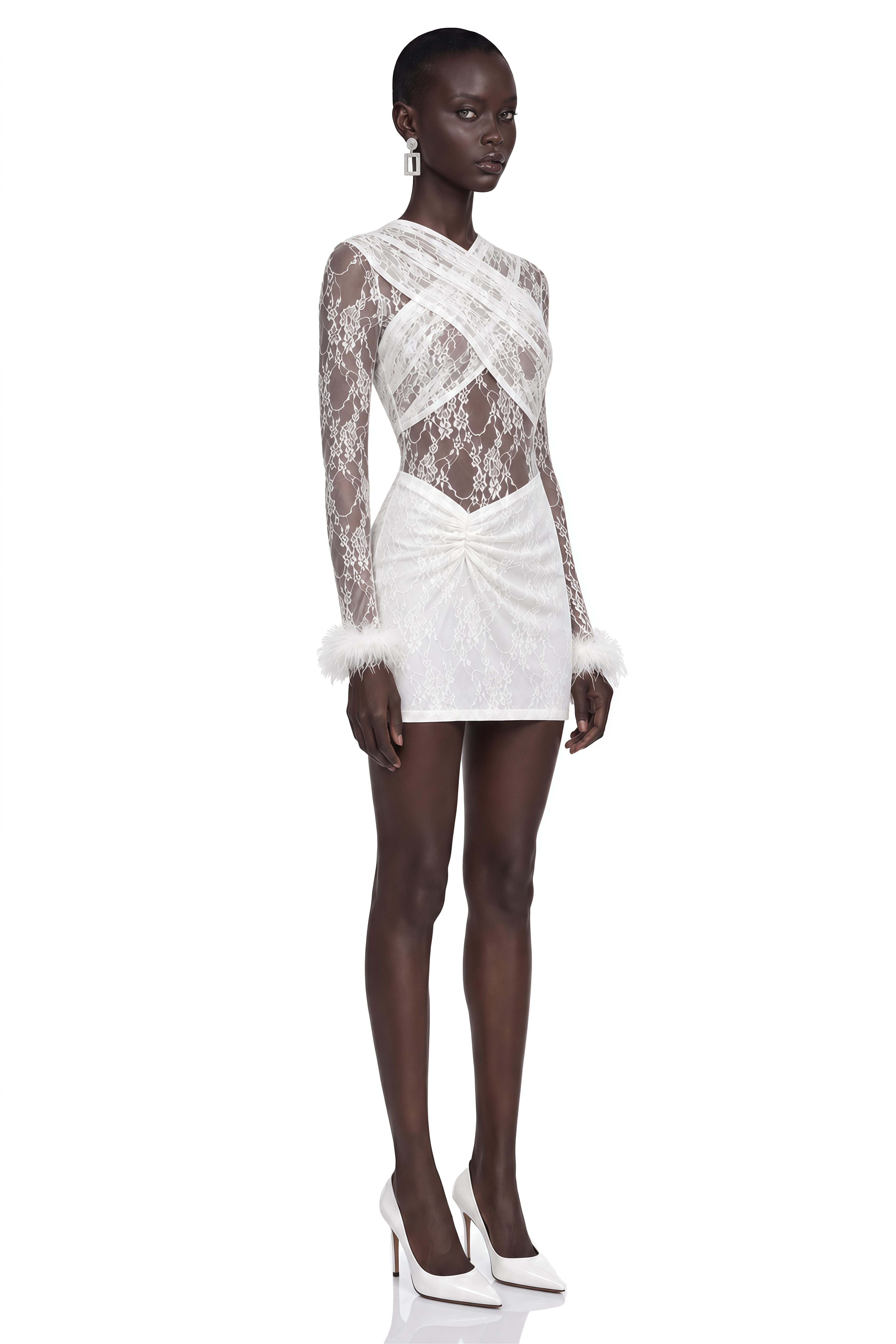 Temitope White Lace Long Sleeve Bodysuit & Mini Skirt Set