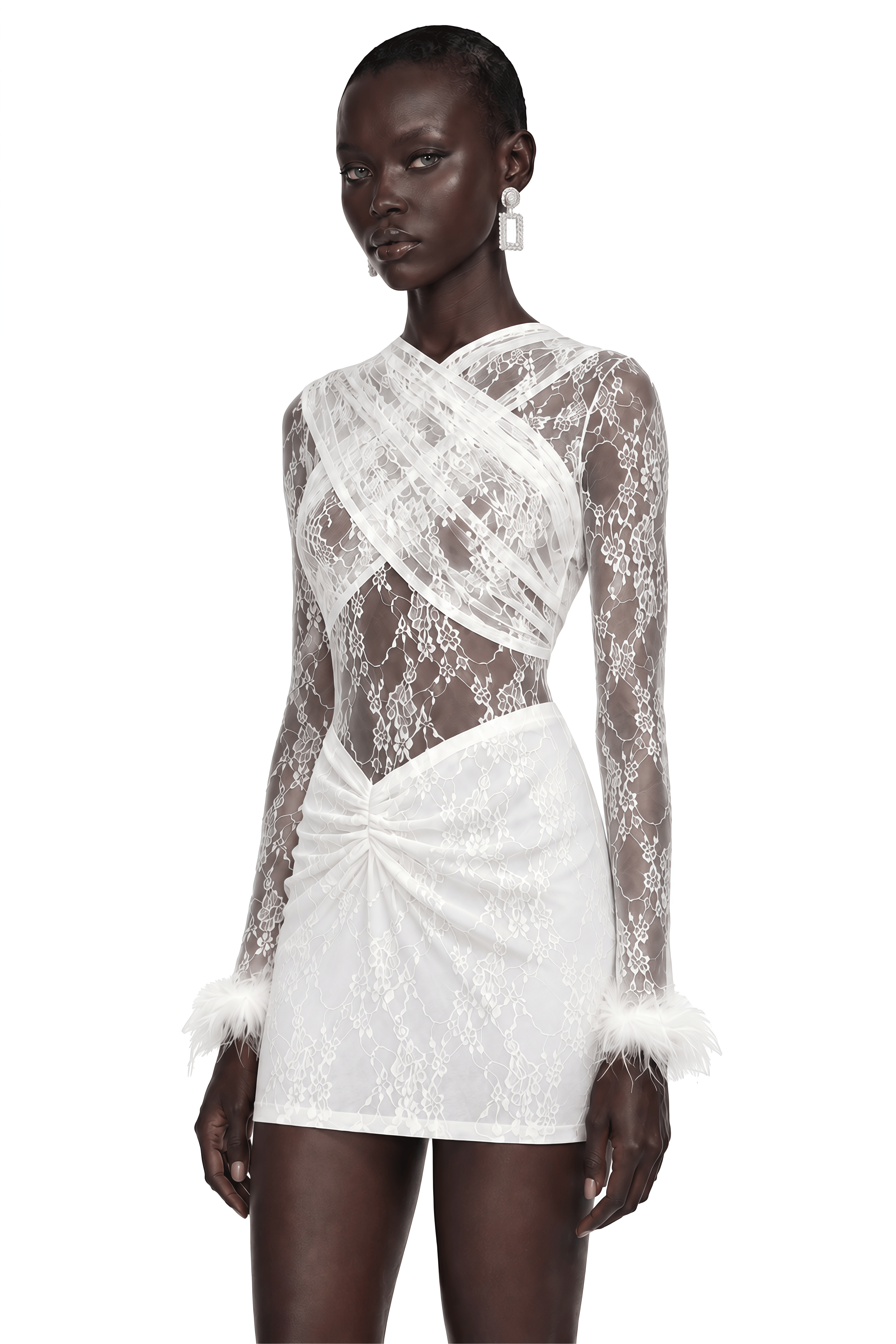 Temitope White Lace Long Sleeve Bodysuit & Mini Skirt Set