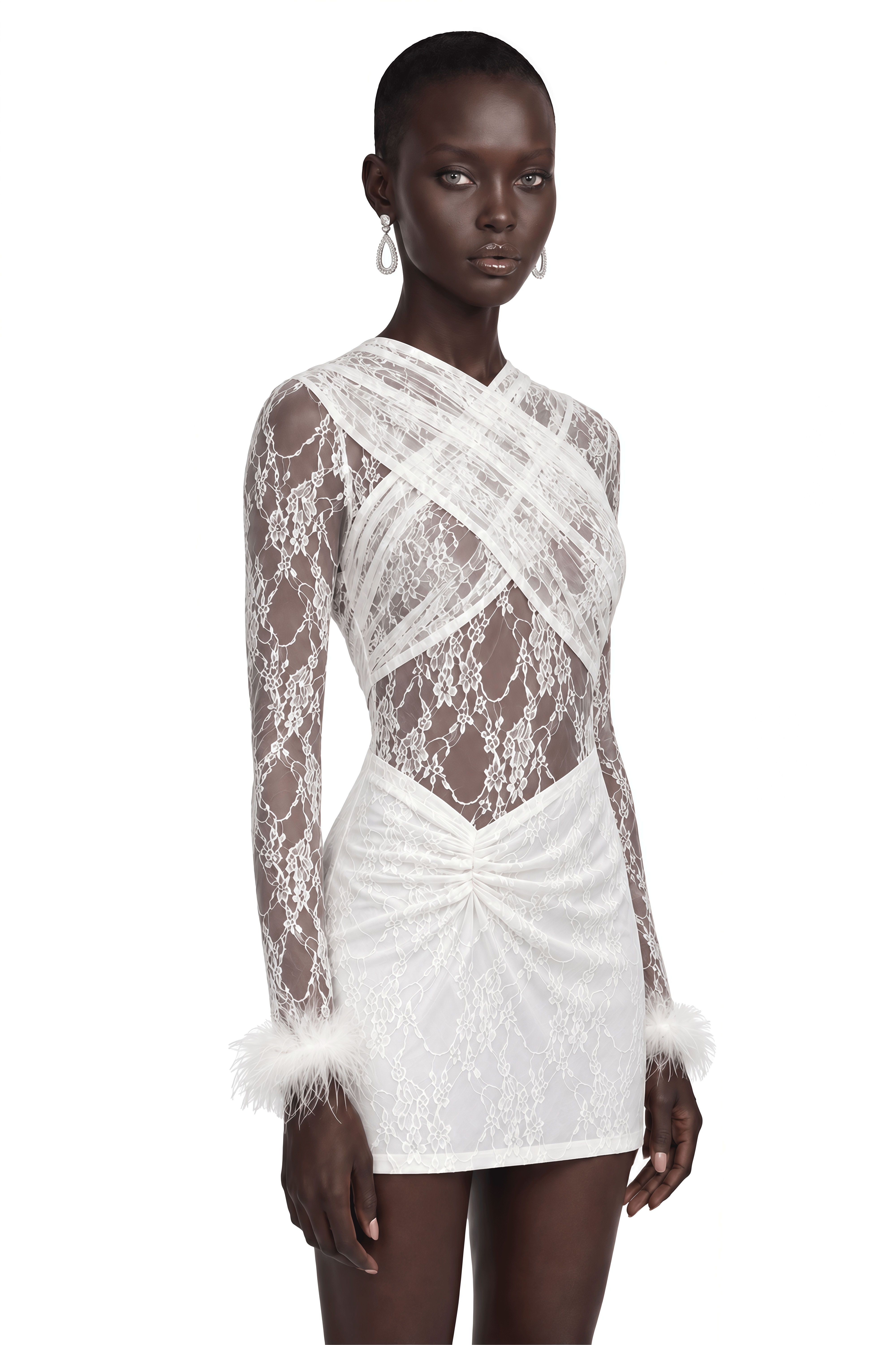 Temitope White Lace Long Sleeve Bodysuit & Mini Skirt Set