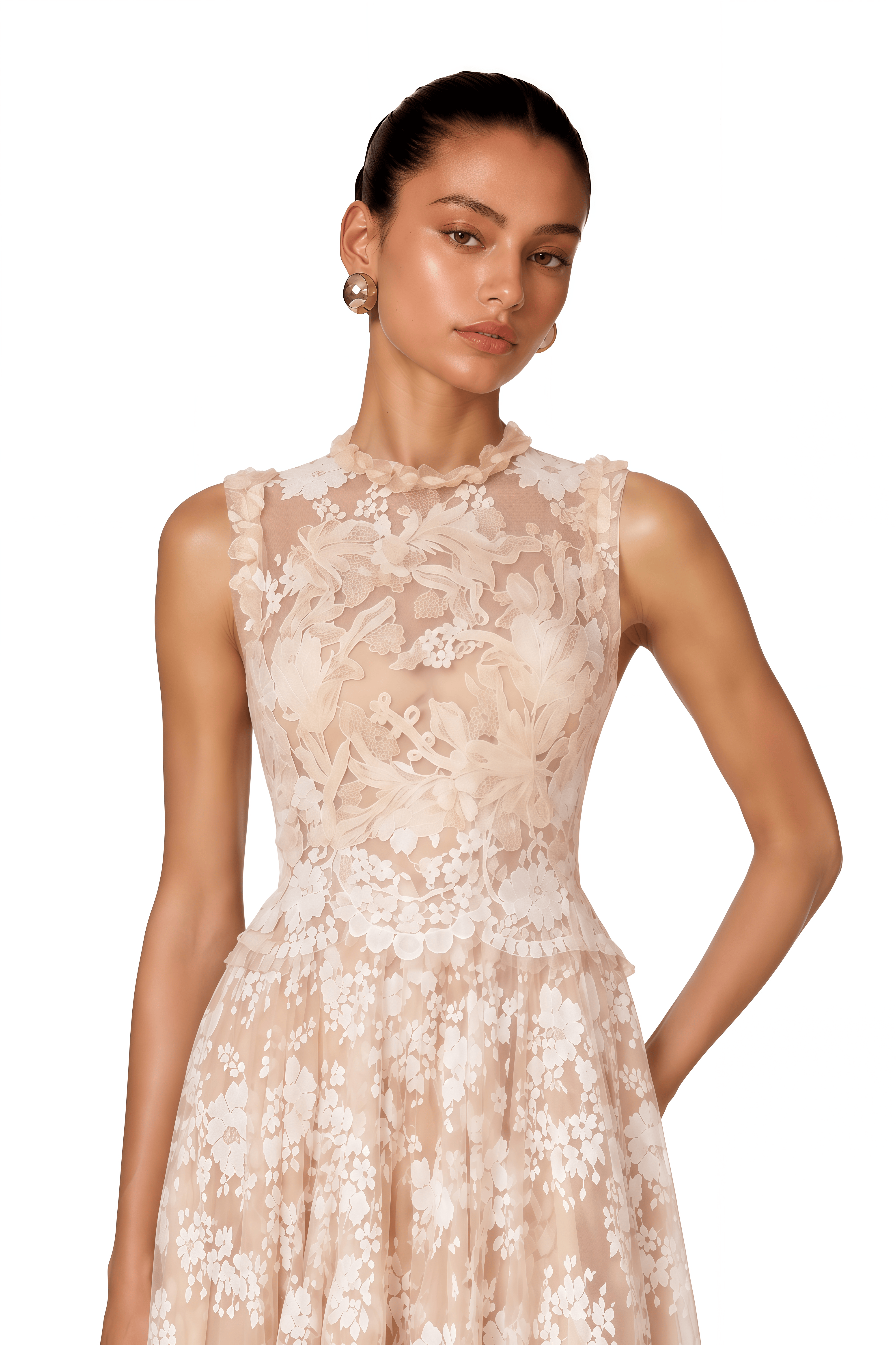 Terezie Neutral Lace Pleated Maxi Dress