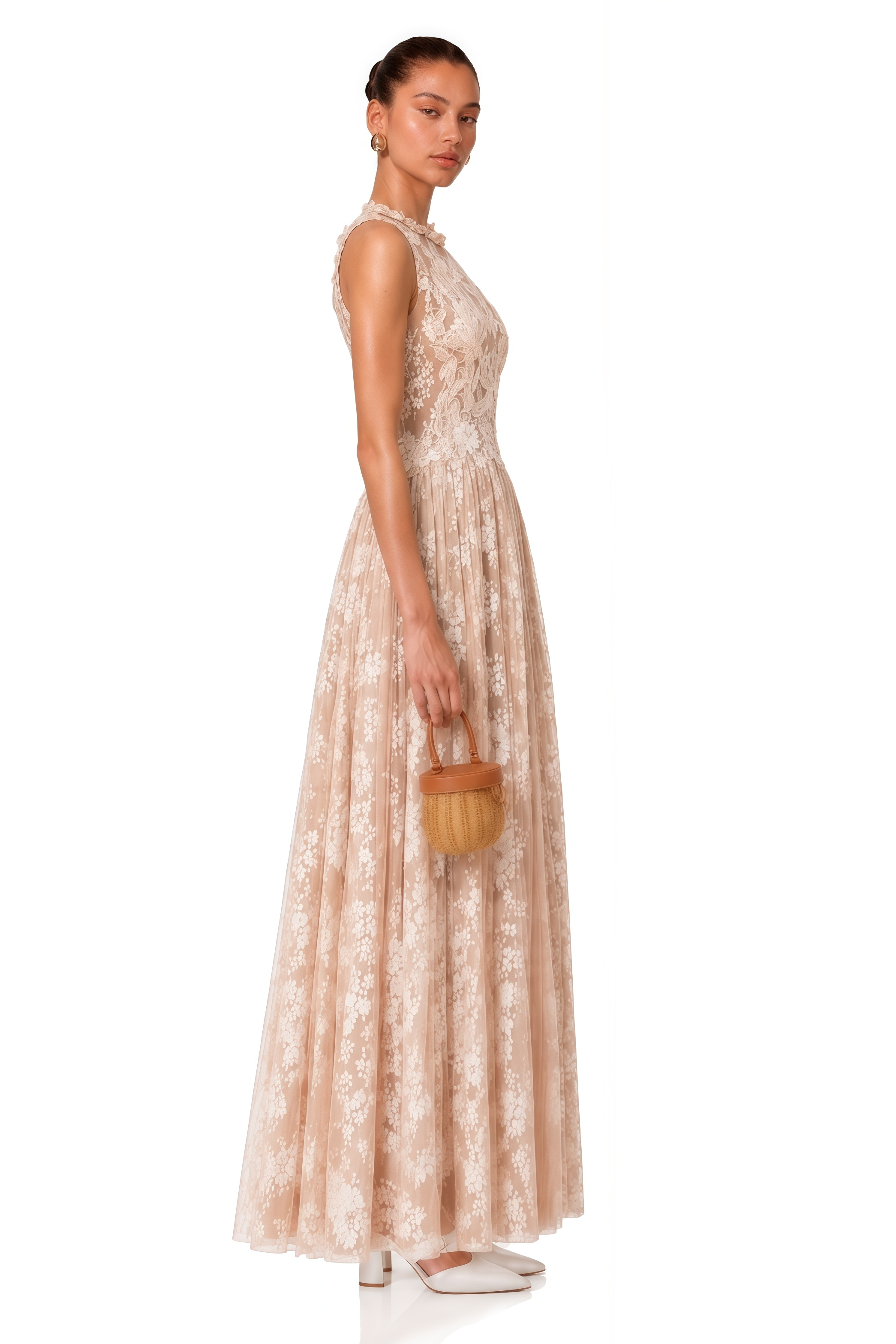 Terezie Neutral Lace Pleated Maxi Dress