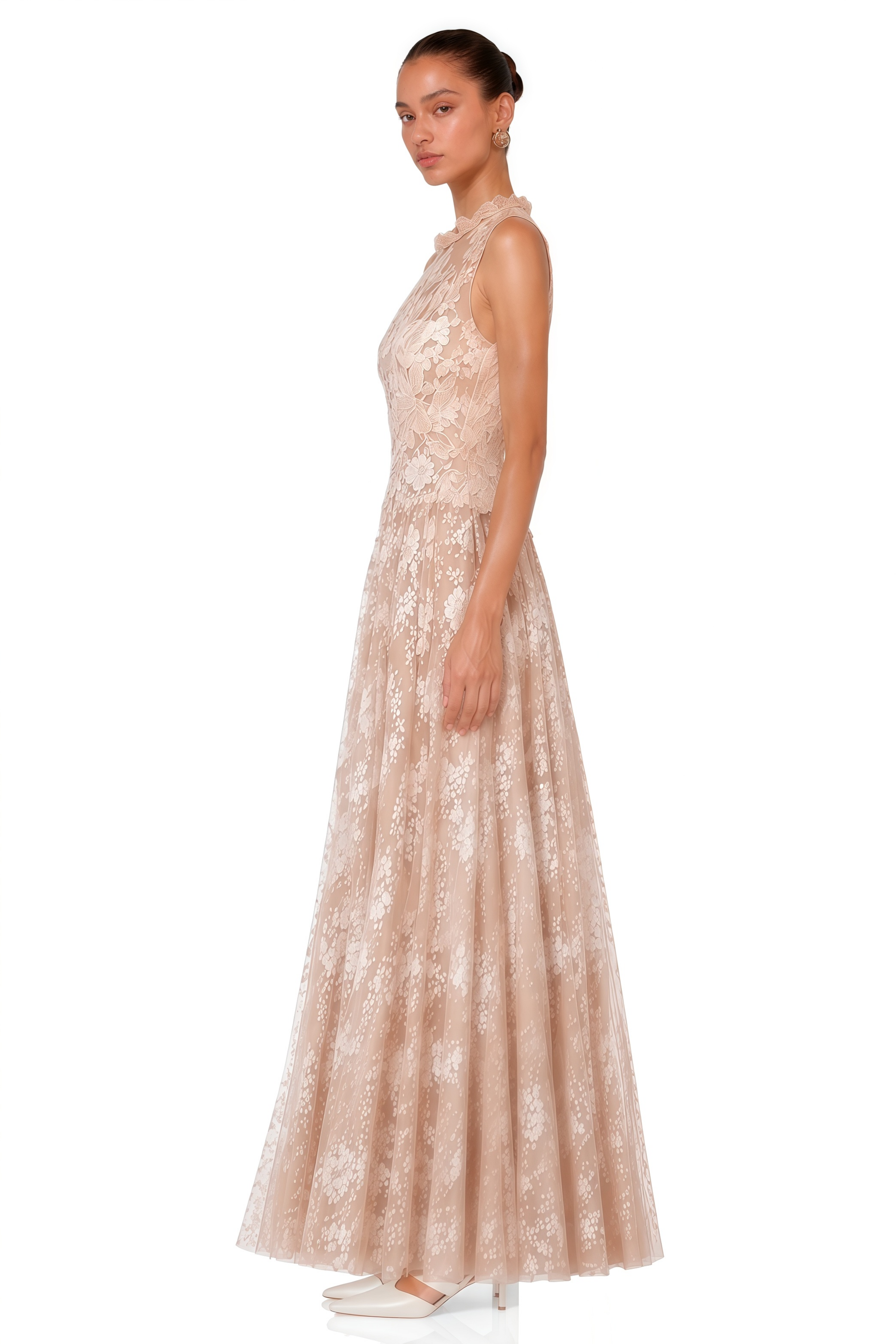 Terezie Neutral Lace Pleated Maxi Dress