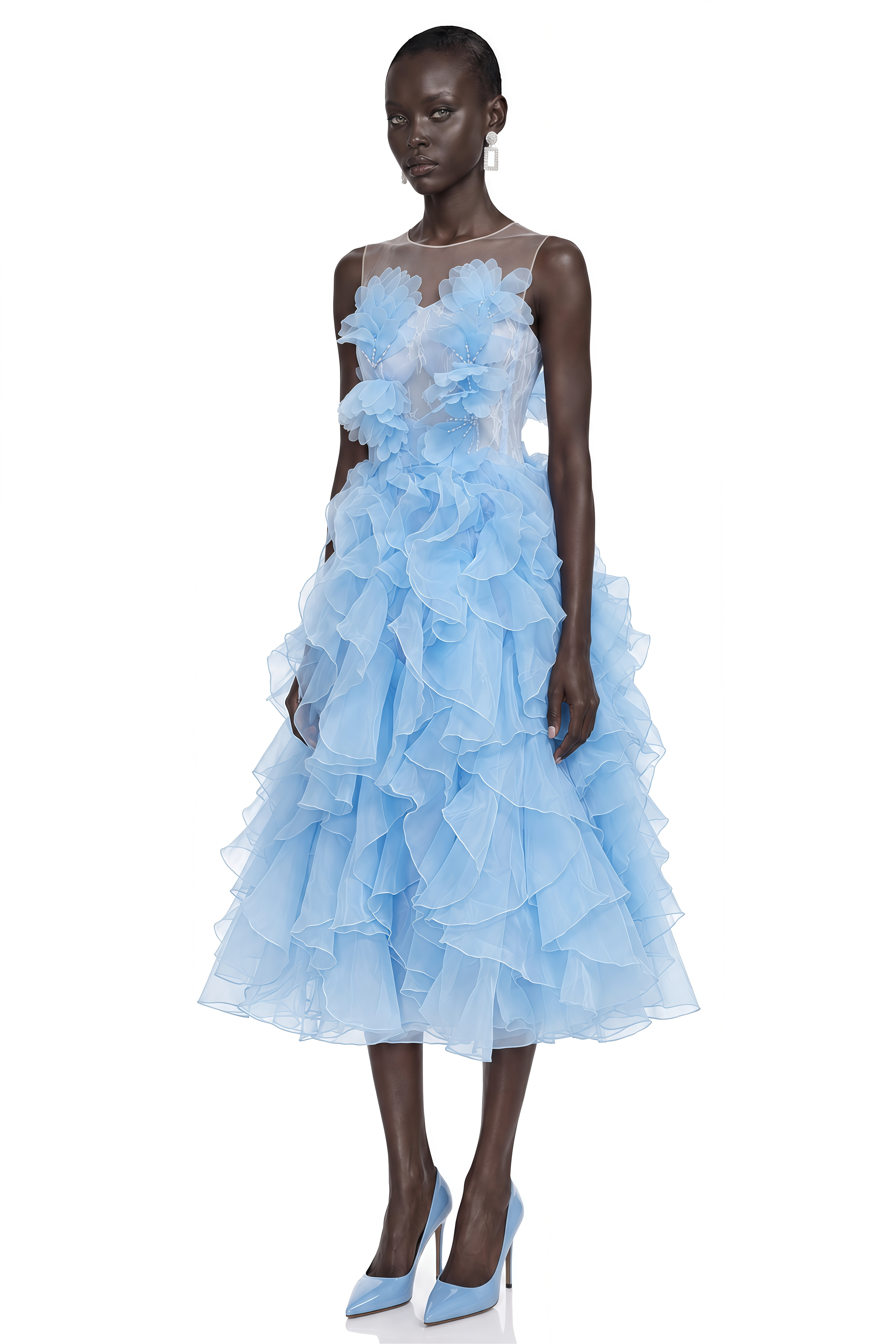 Tessa Blue Floral Applique Ruffle Strapless Midi Dress