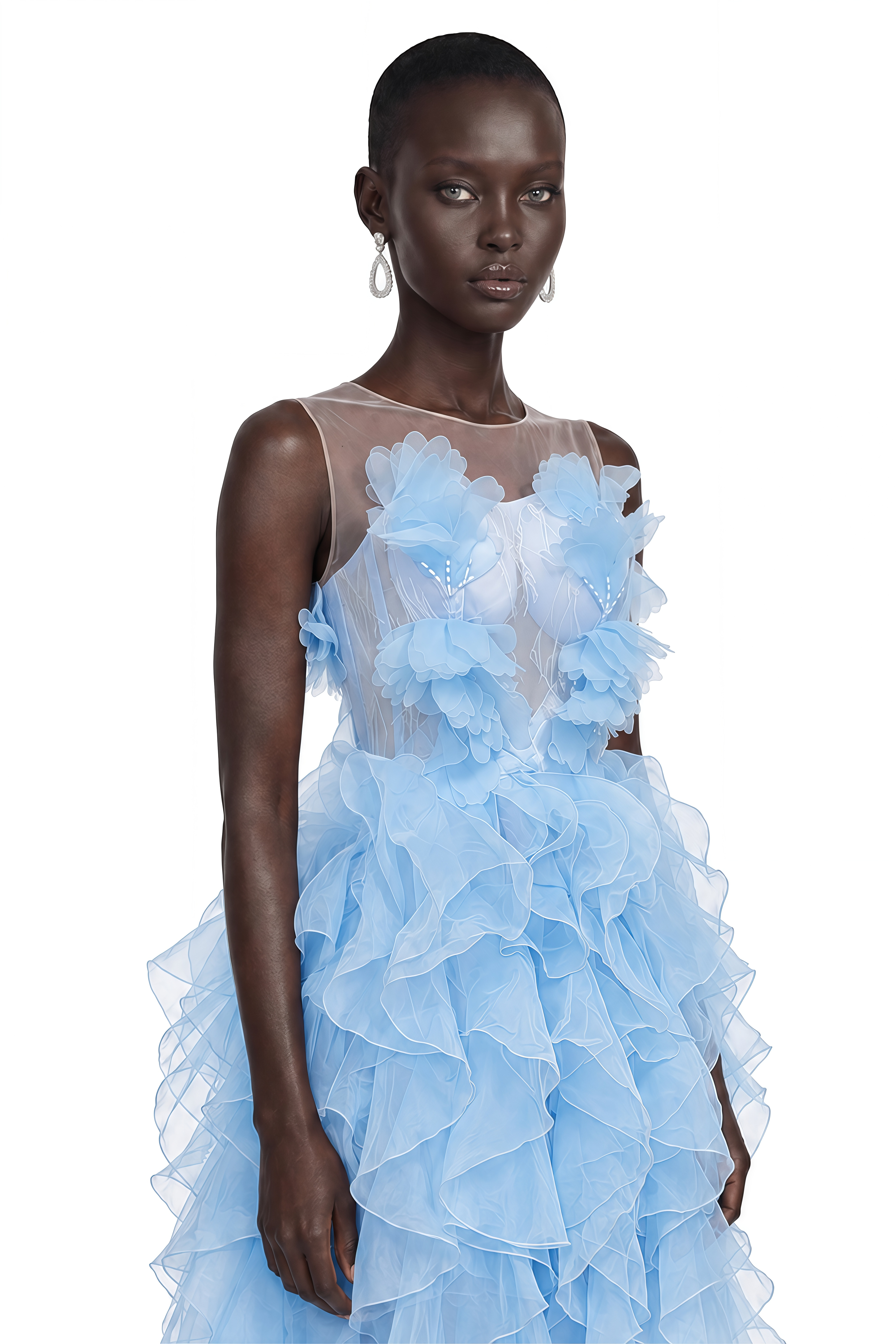 Tessa Blue Floral Applique Ruffle Strapless Midi Dress