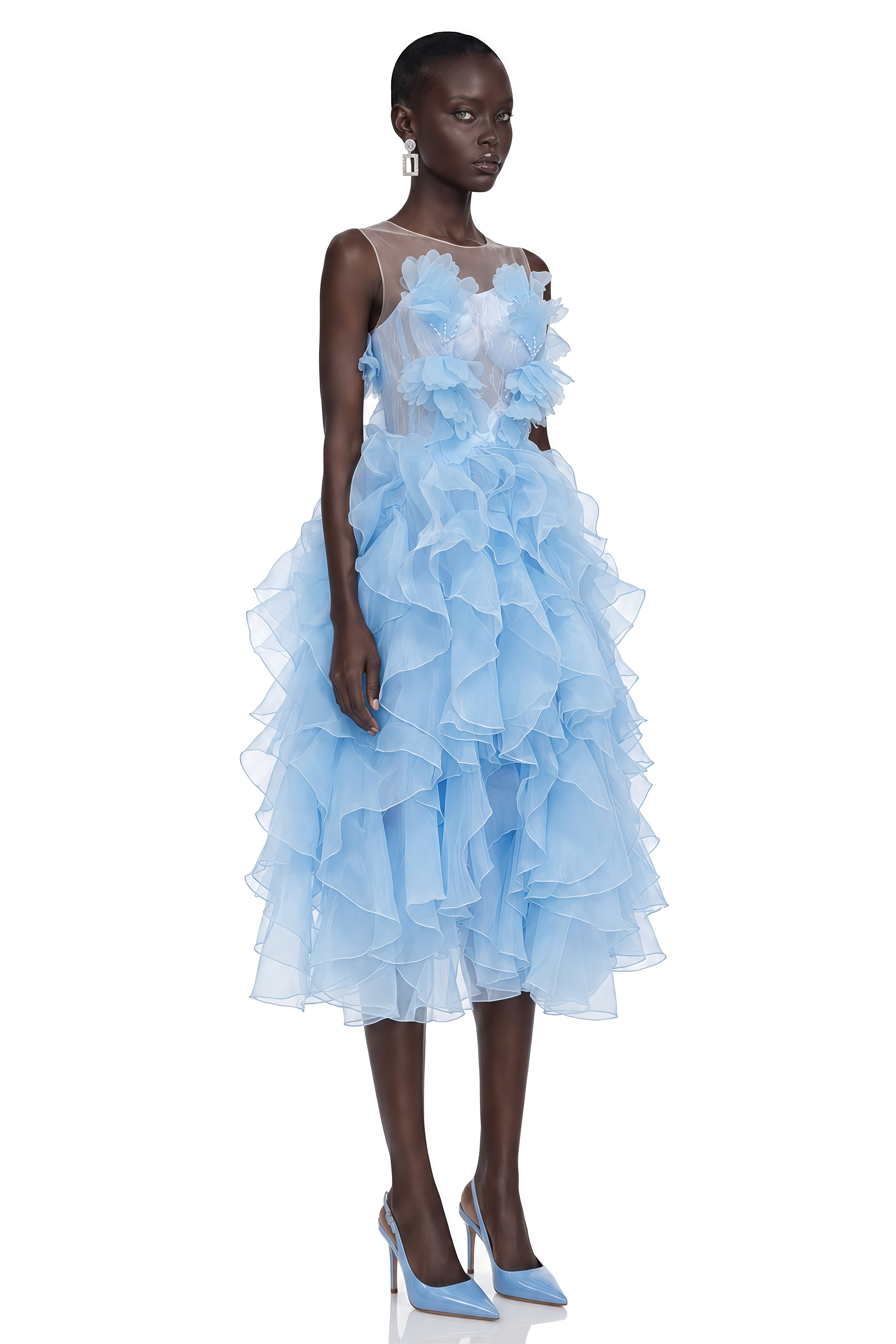 Tessa Blue Floral Applique Ruffle Strapless Midi Dress