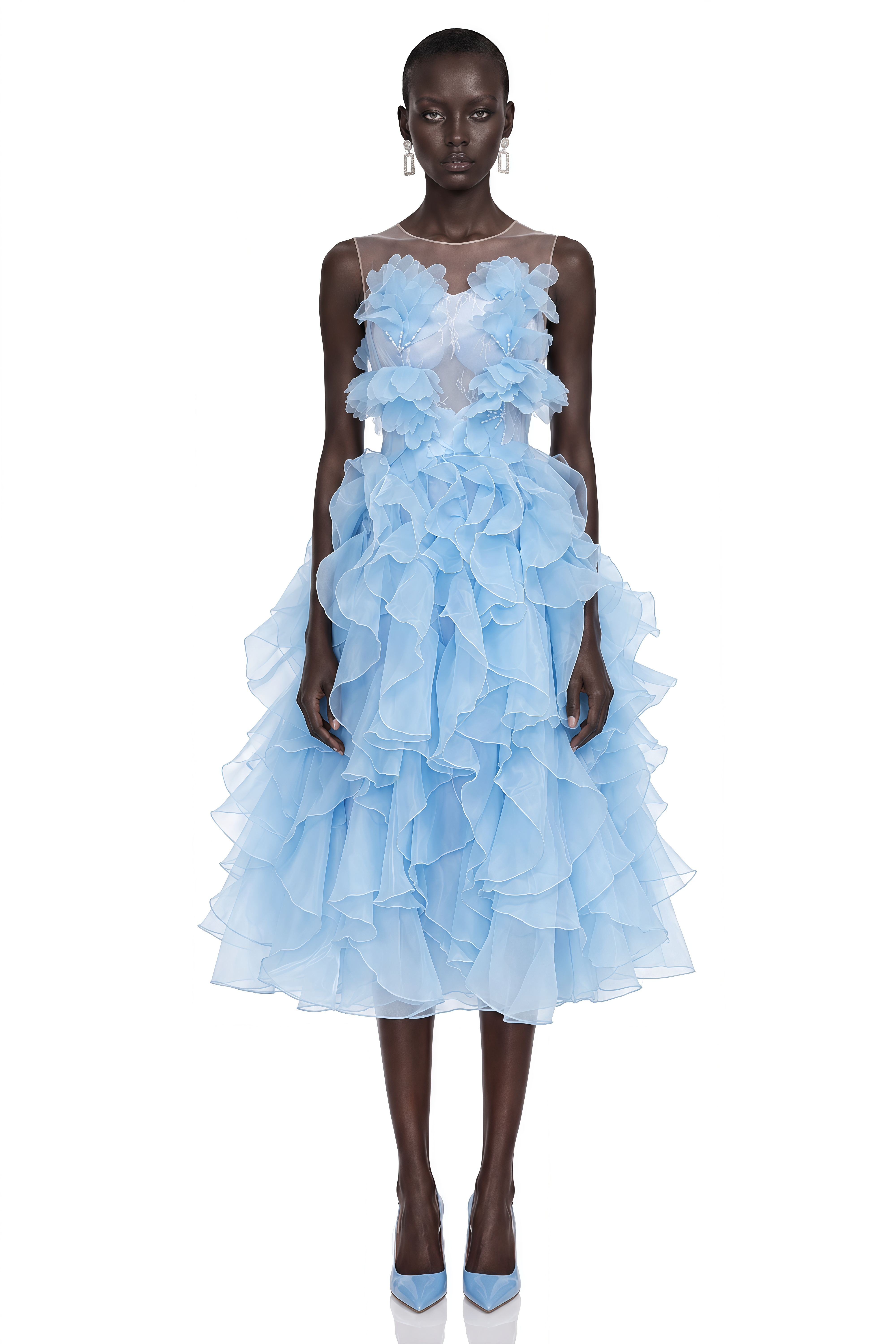 blue floral ruffle tea dress Tessa Applique Strapless Midi – Miss Rosier while the stretch jersey