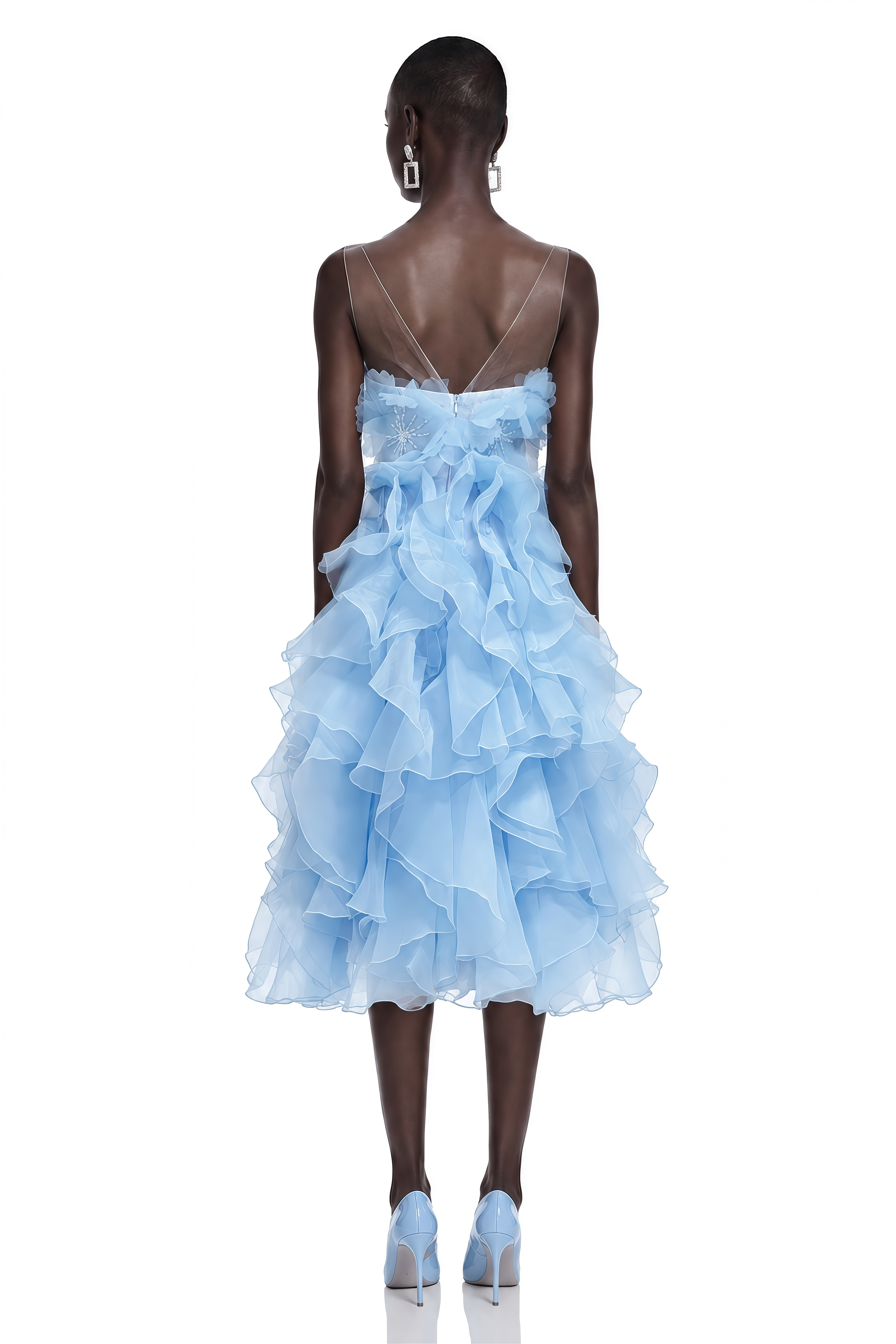 Tessa Blue Floral Applique Ruffle Strapless Midi Dress