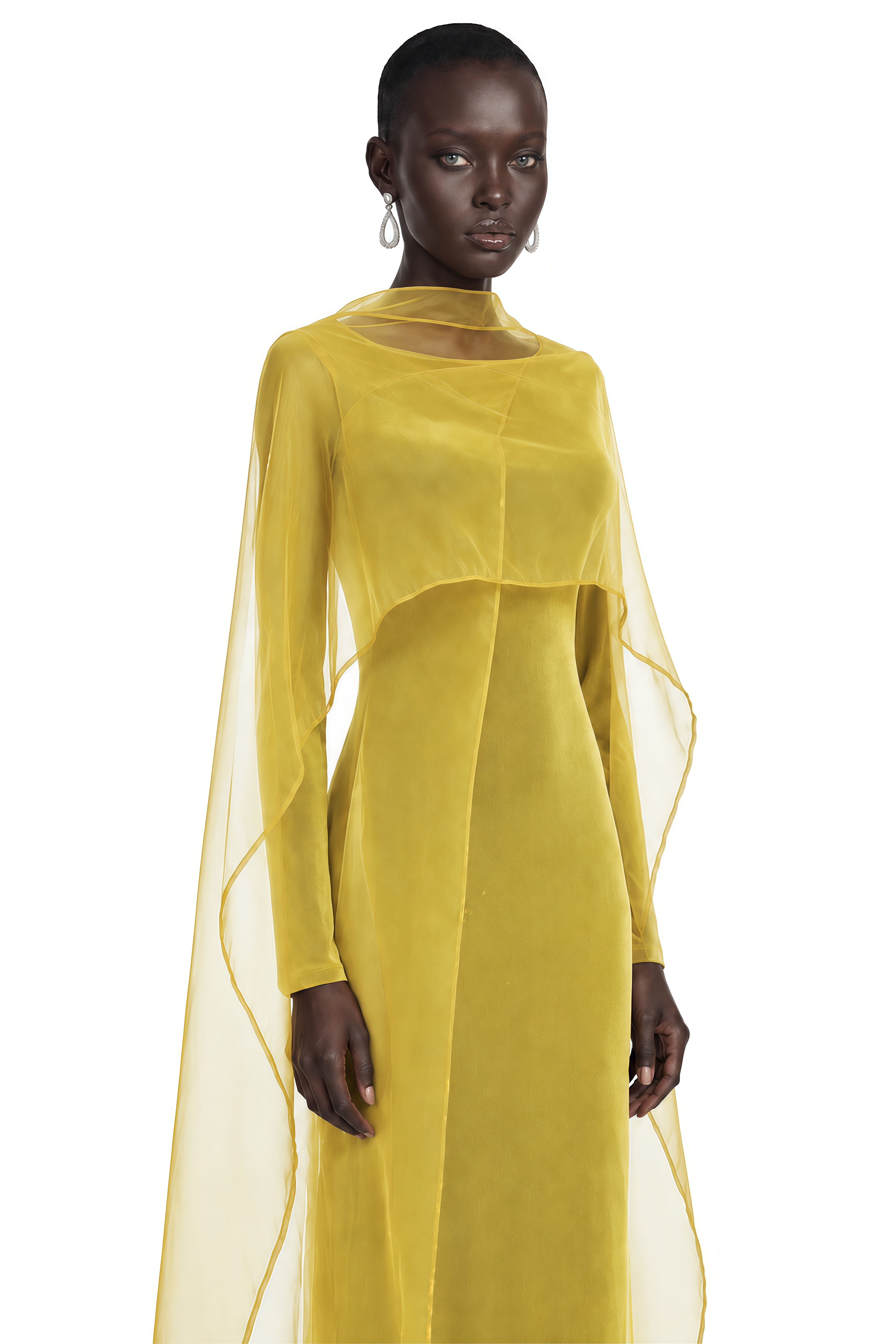 Thalassa Yellow Cape Sleeves Fitted Maxi Dress