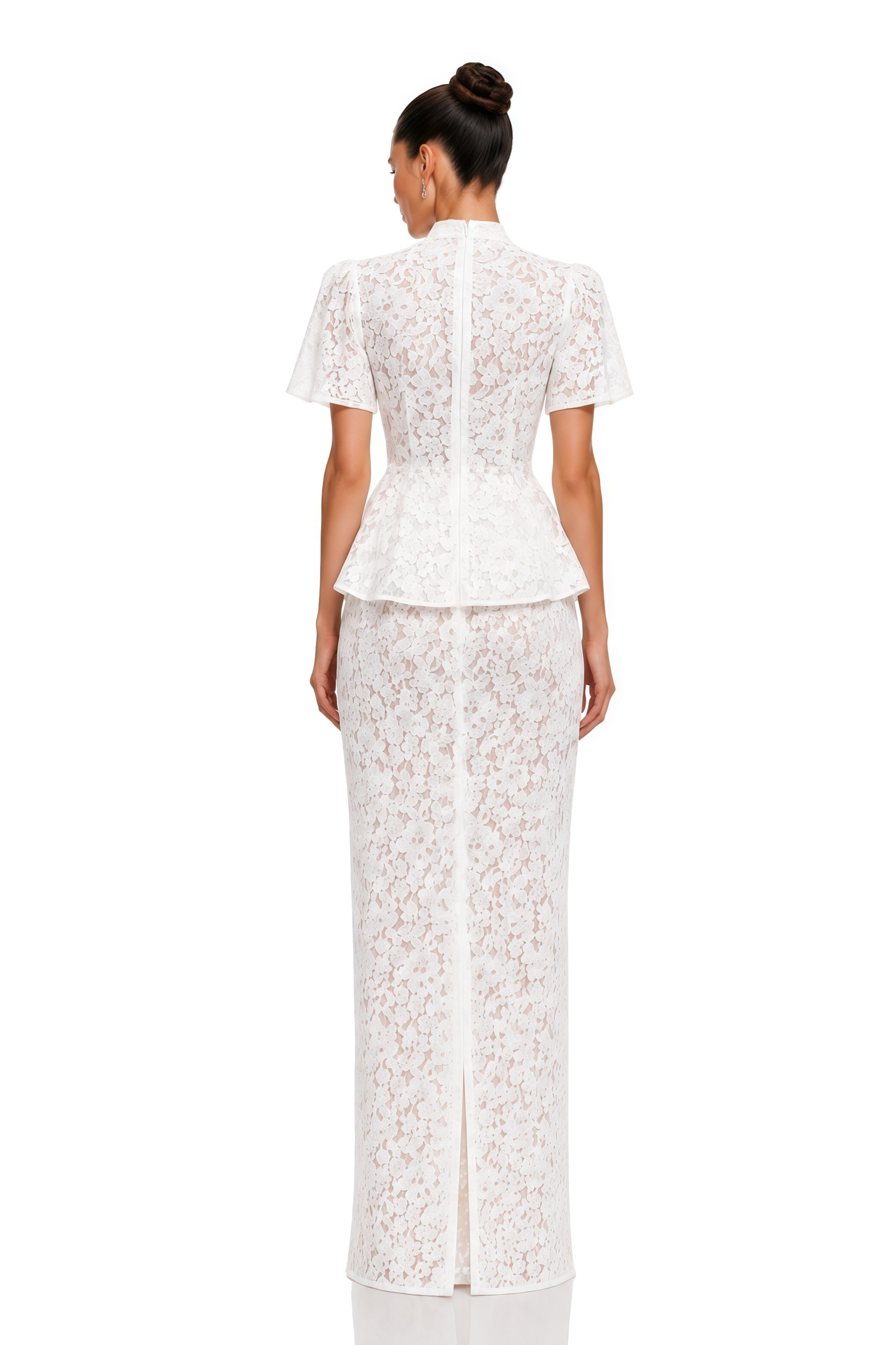 Thea White Lace Puff Sleeve Peplum Blouse & Skirt Set