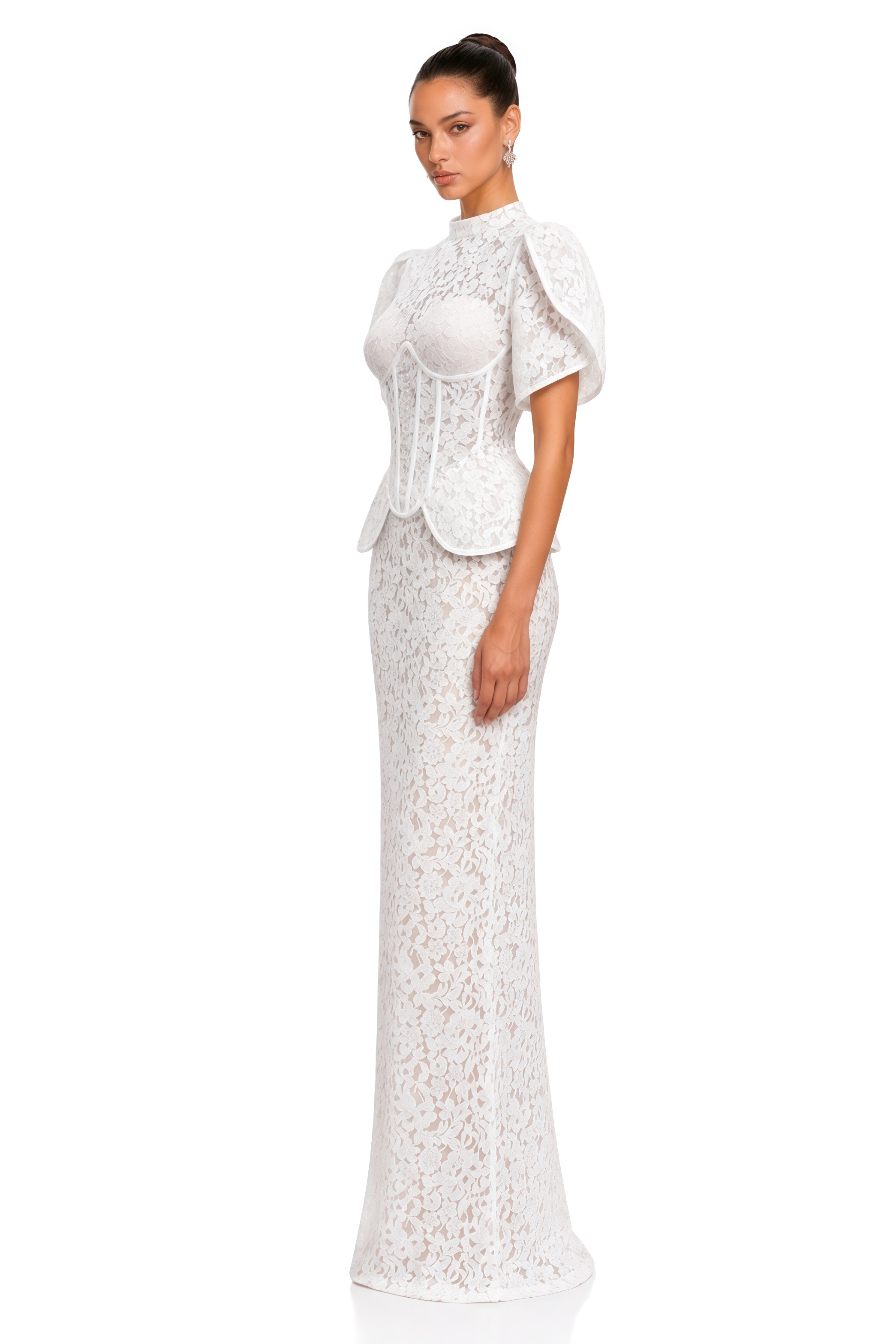 Thea White Lace Puff Sleeve Peplum Blouse & Skirt Set