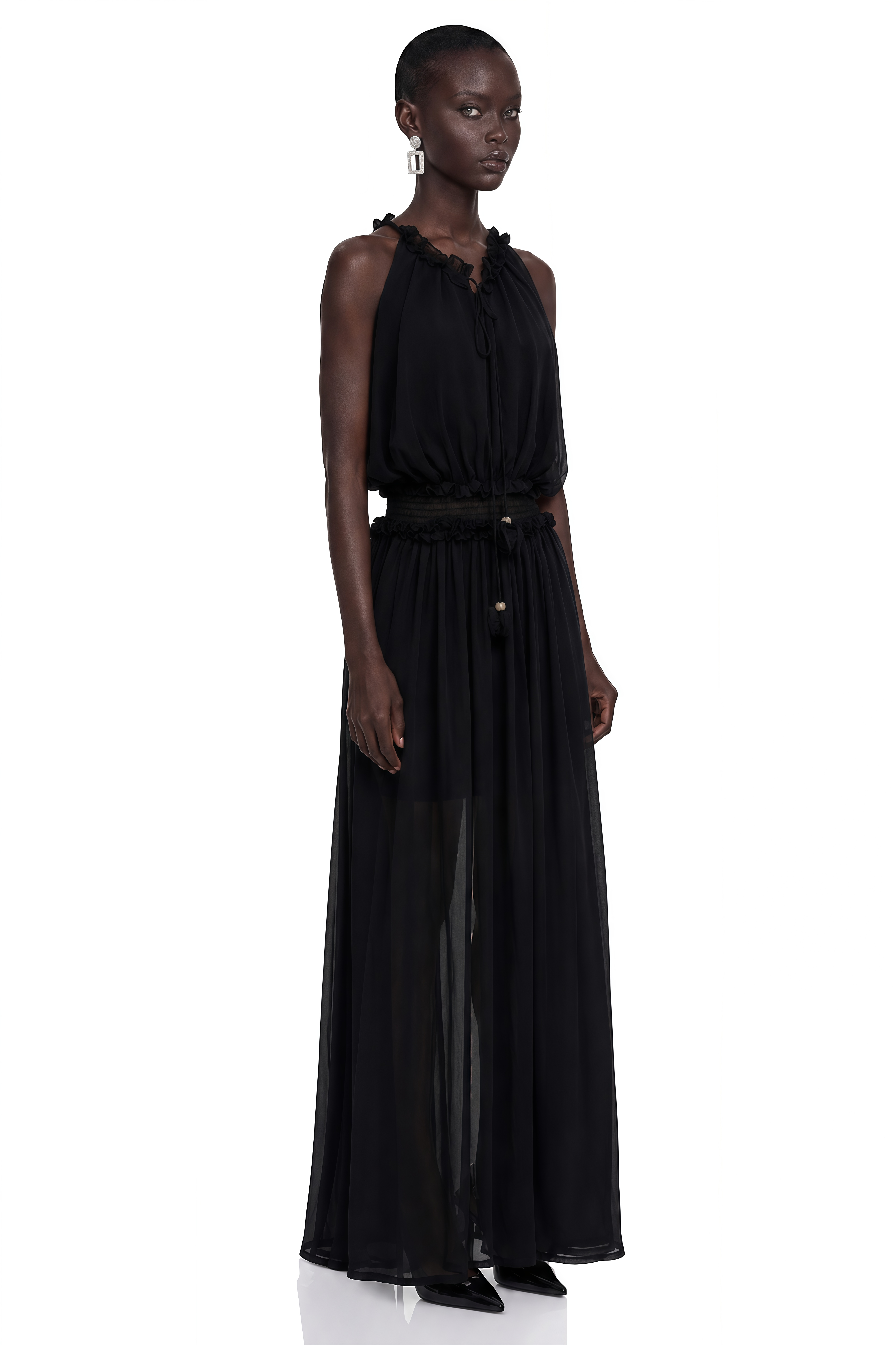 Theodora Black Halterneck Sheer Ruched Maxi Dress