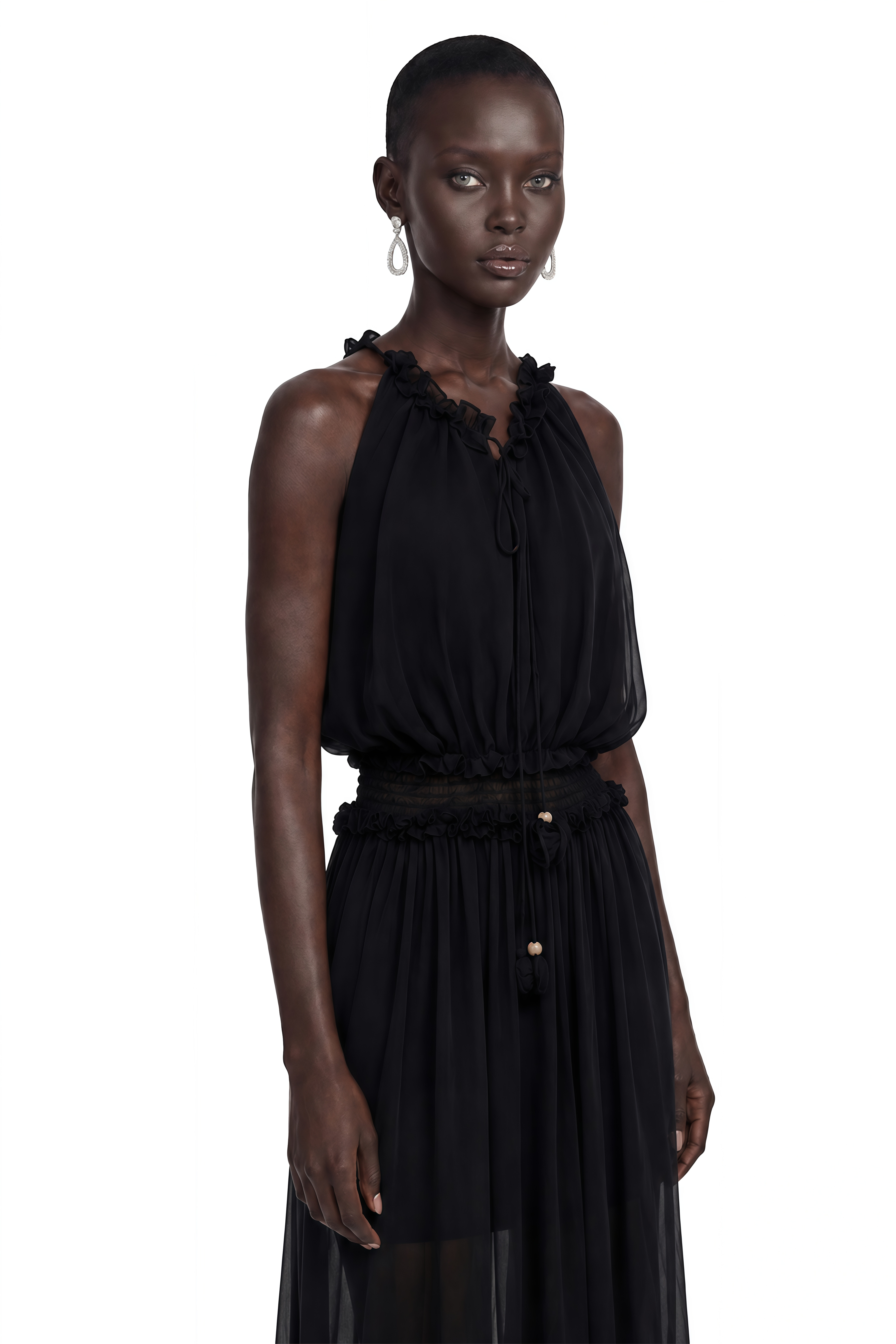 Theodora Black Halterneck Sheer Ruched Maxi Dress