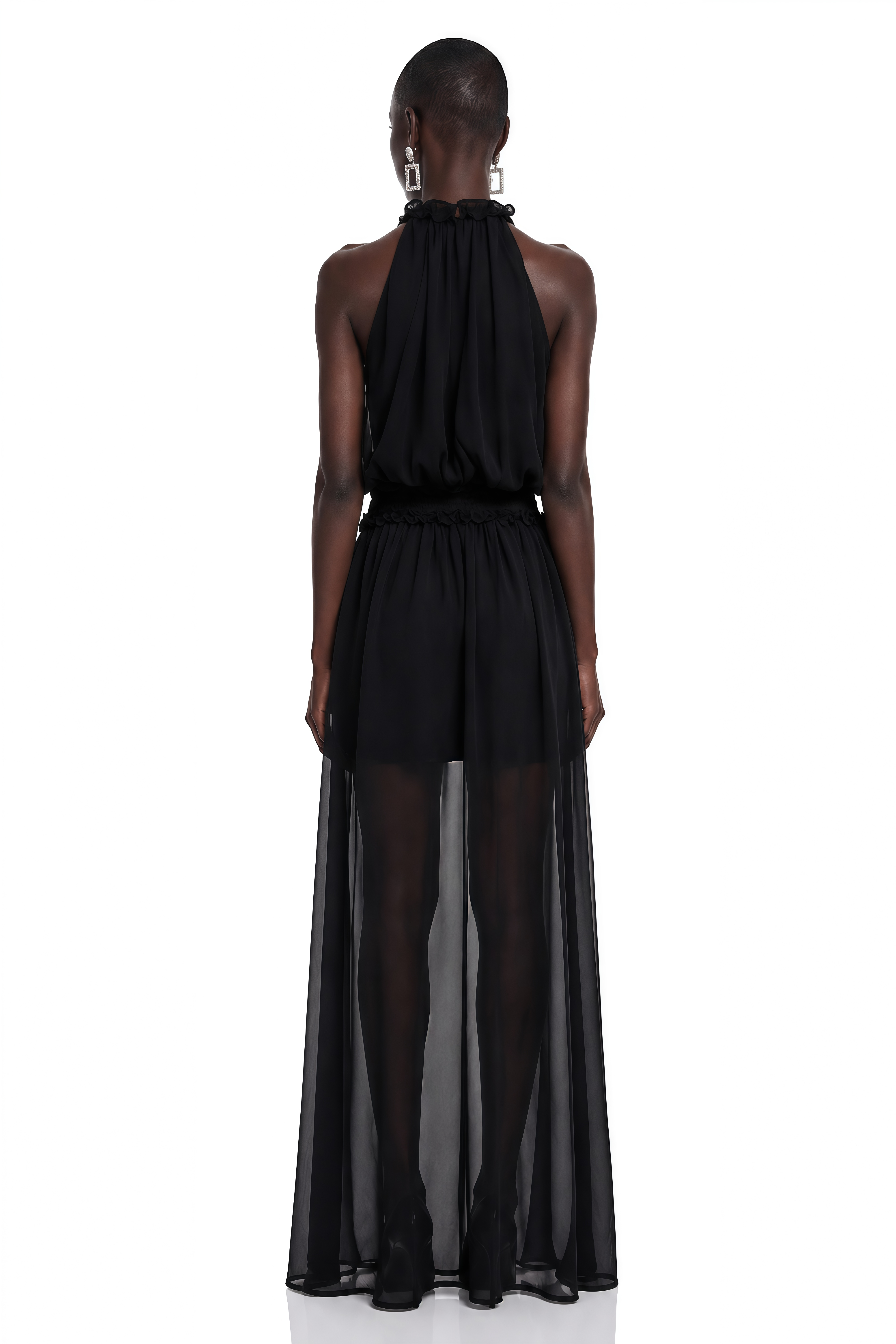 Theodora Black Halterneck Sheer Ruched Maxi Dress