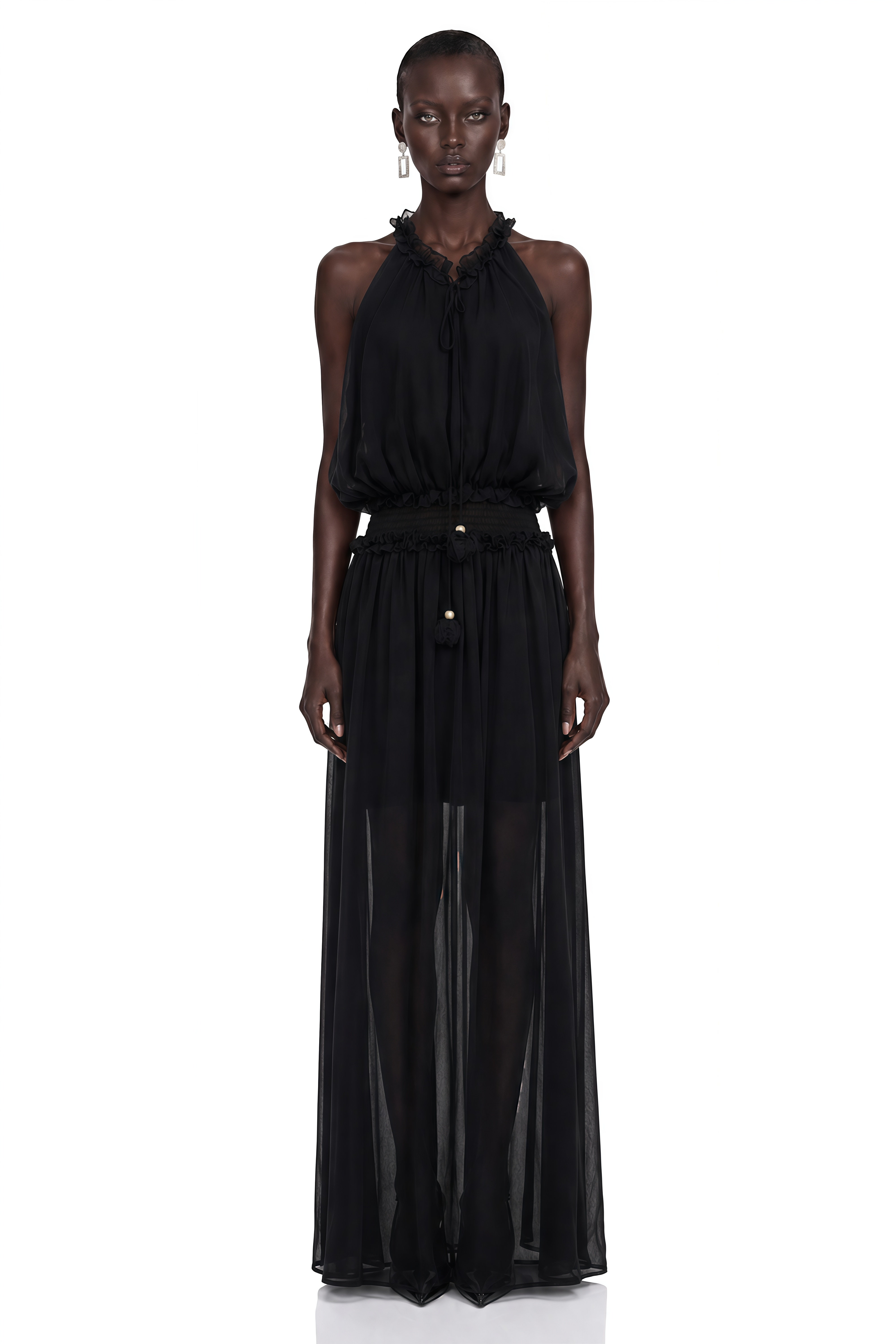Theodora Black Halterneck Sheer Ruched Maxi Dress