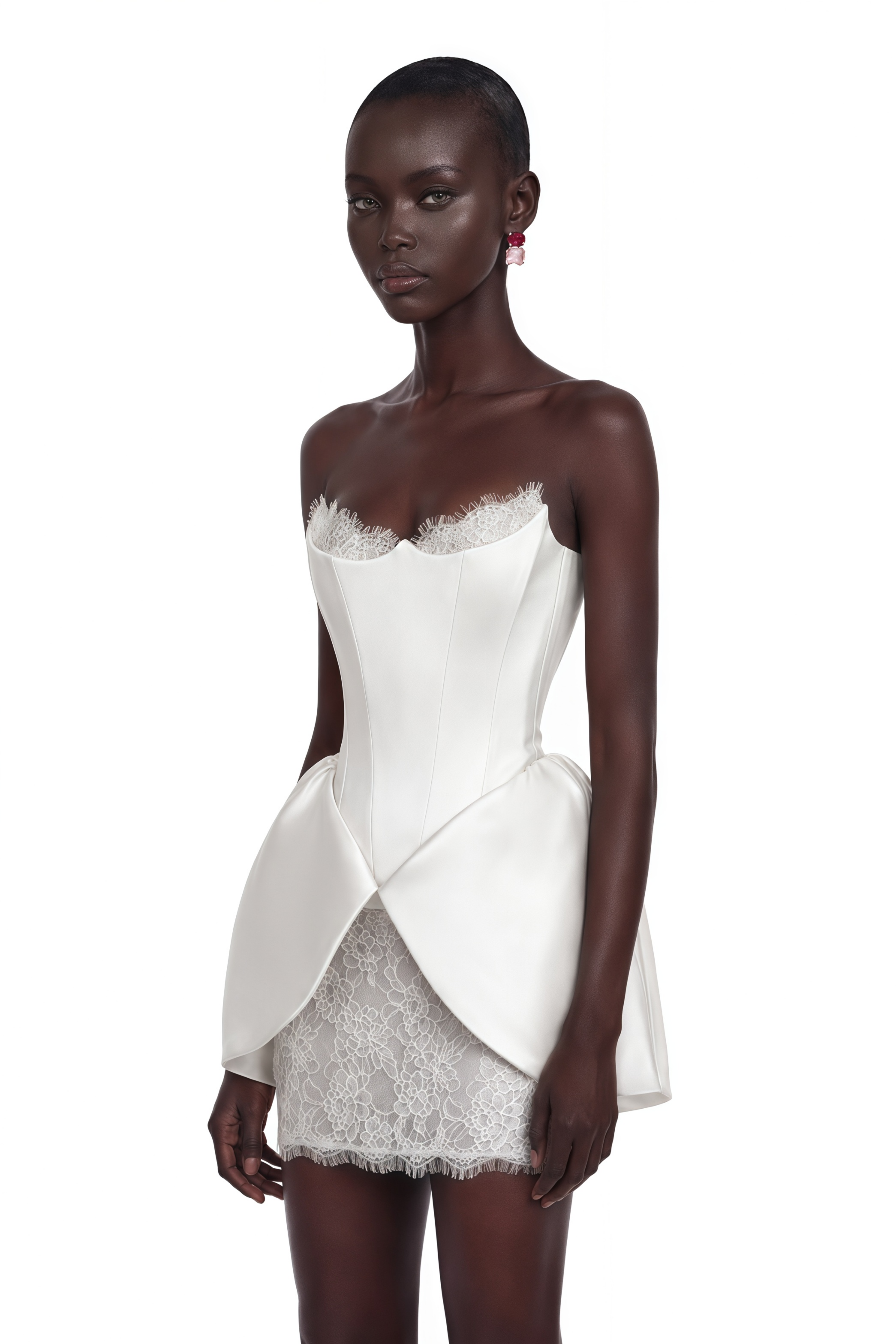 White strapless satin corset mini dress with lace trim