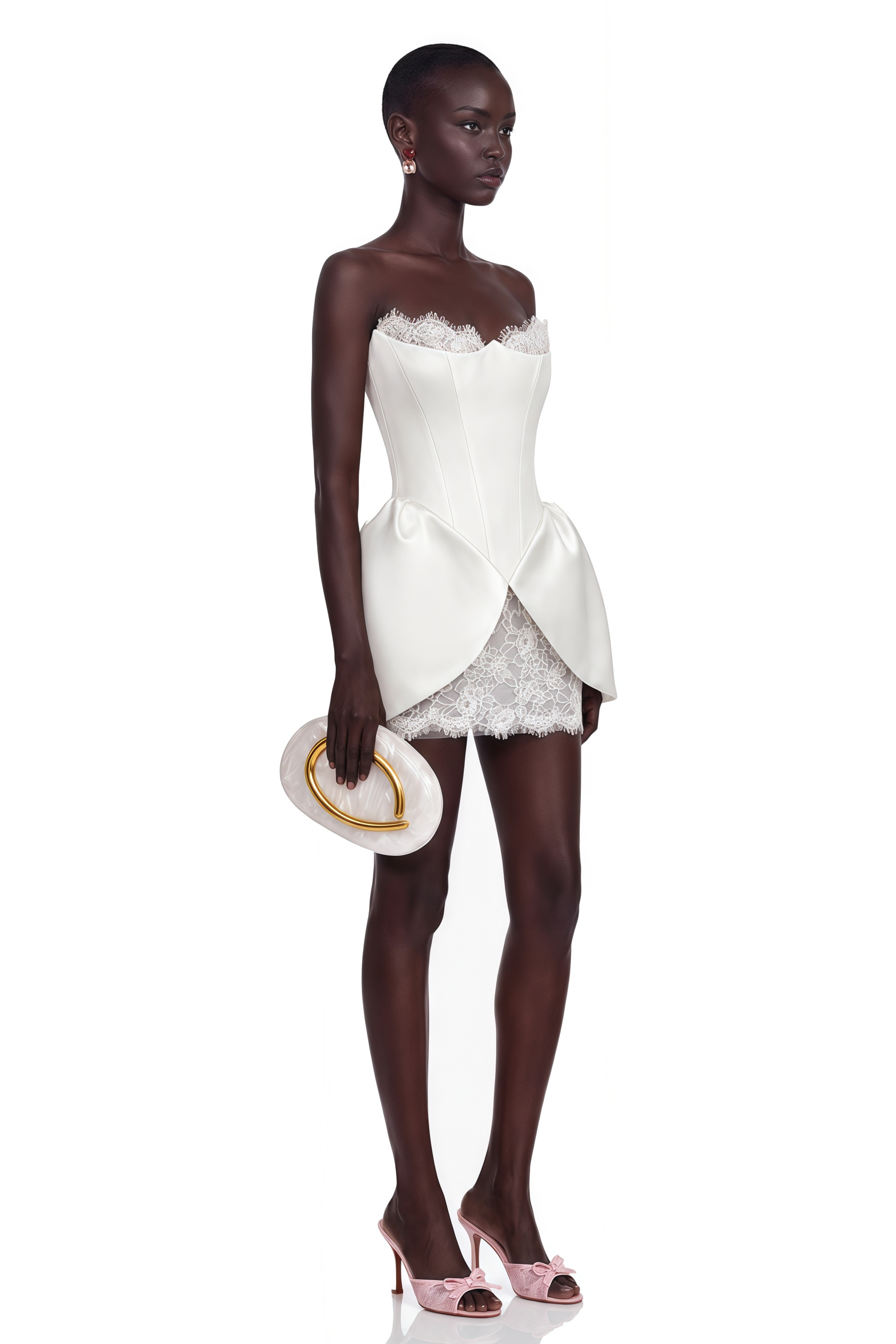 White strapless satin corset mini dress with lace trim