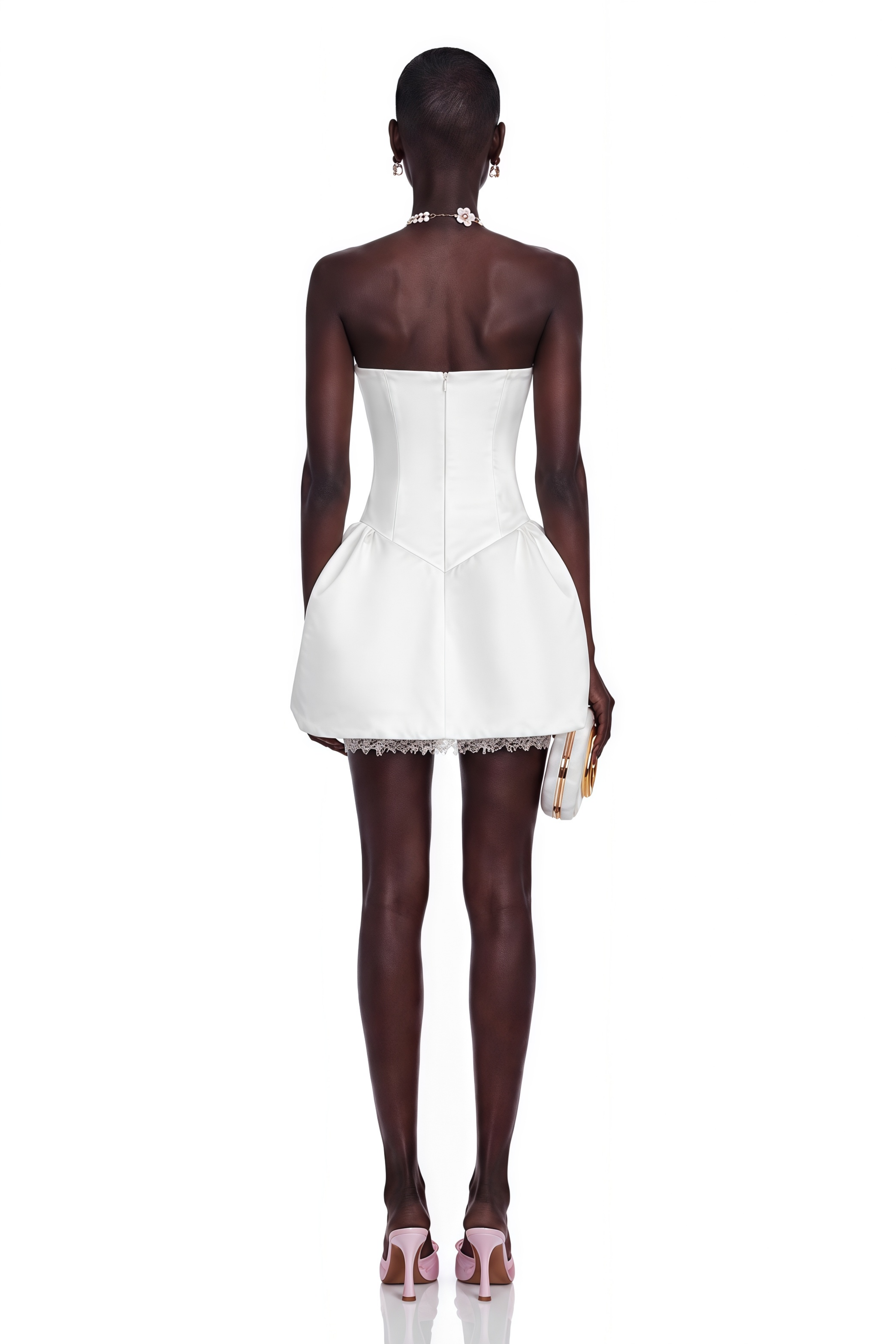 White strapless satin corset mini dress with lace trim
