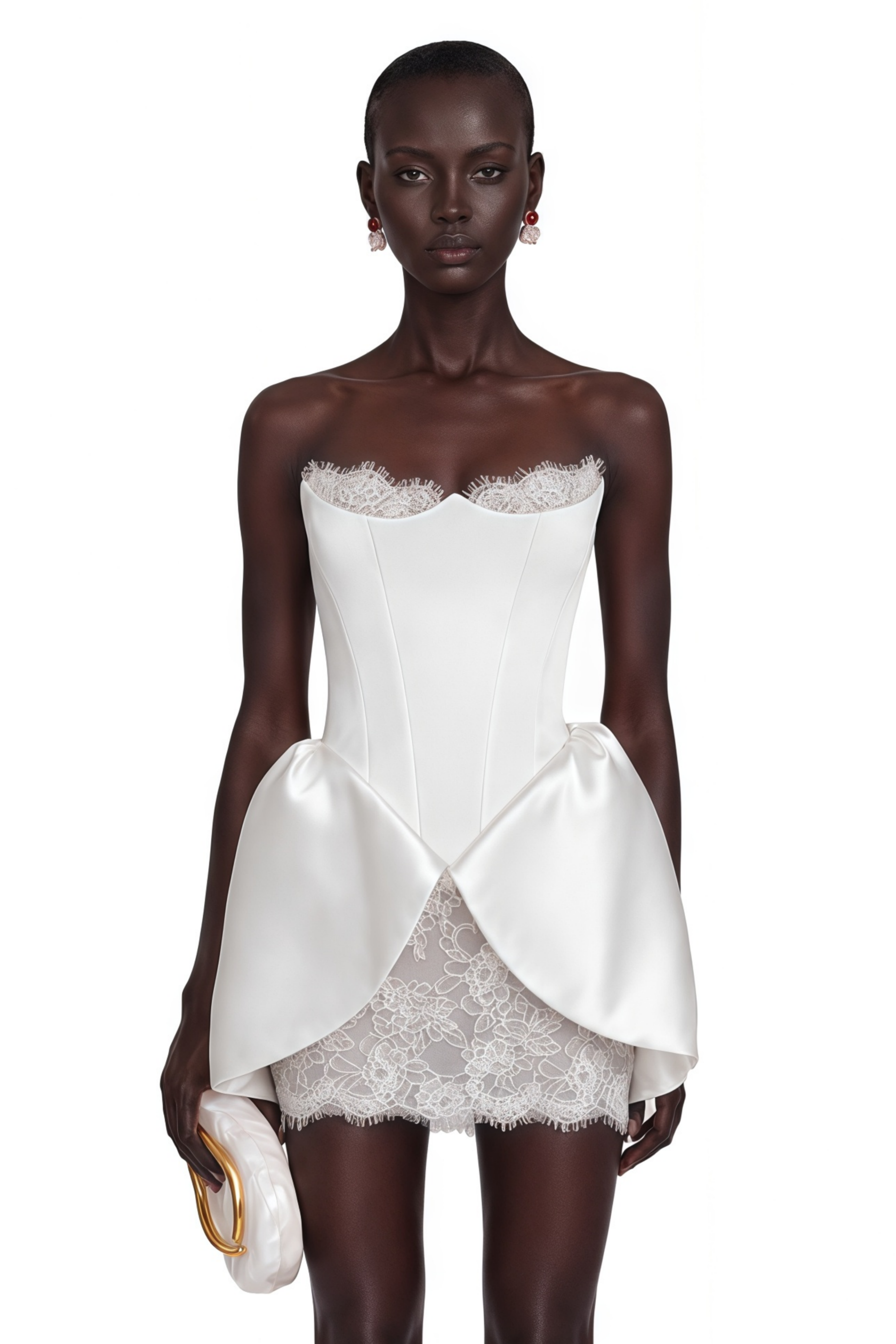 White strapless satin corset mini dress with lace trim