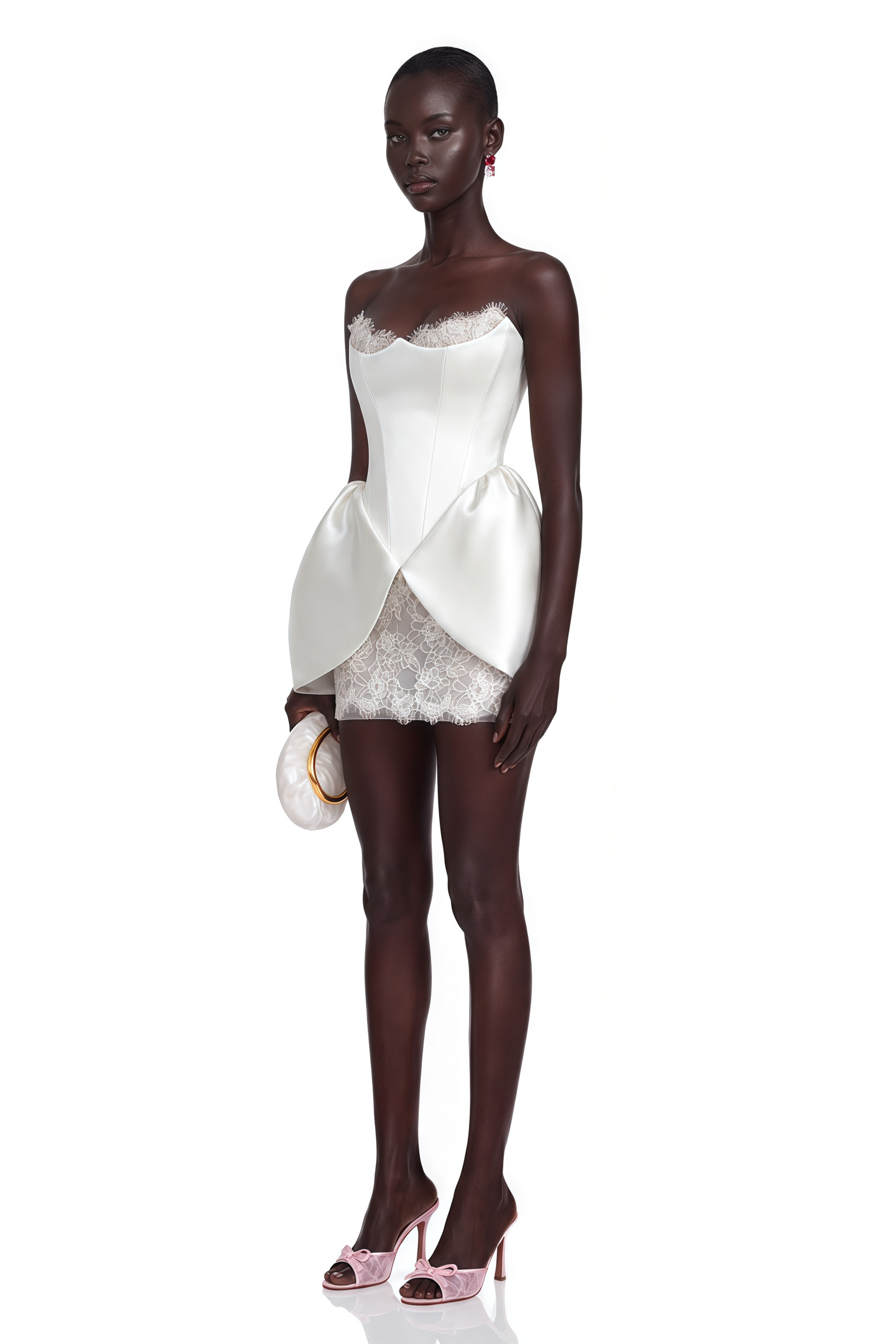 White strapless satin corset mini dress with lace trim