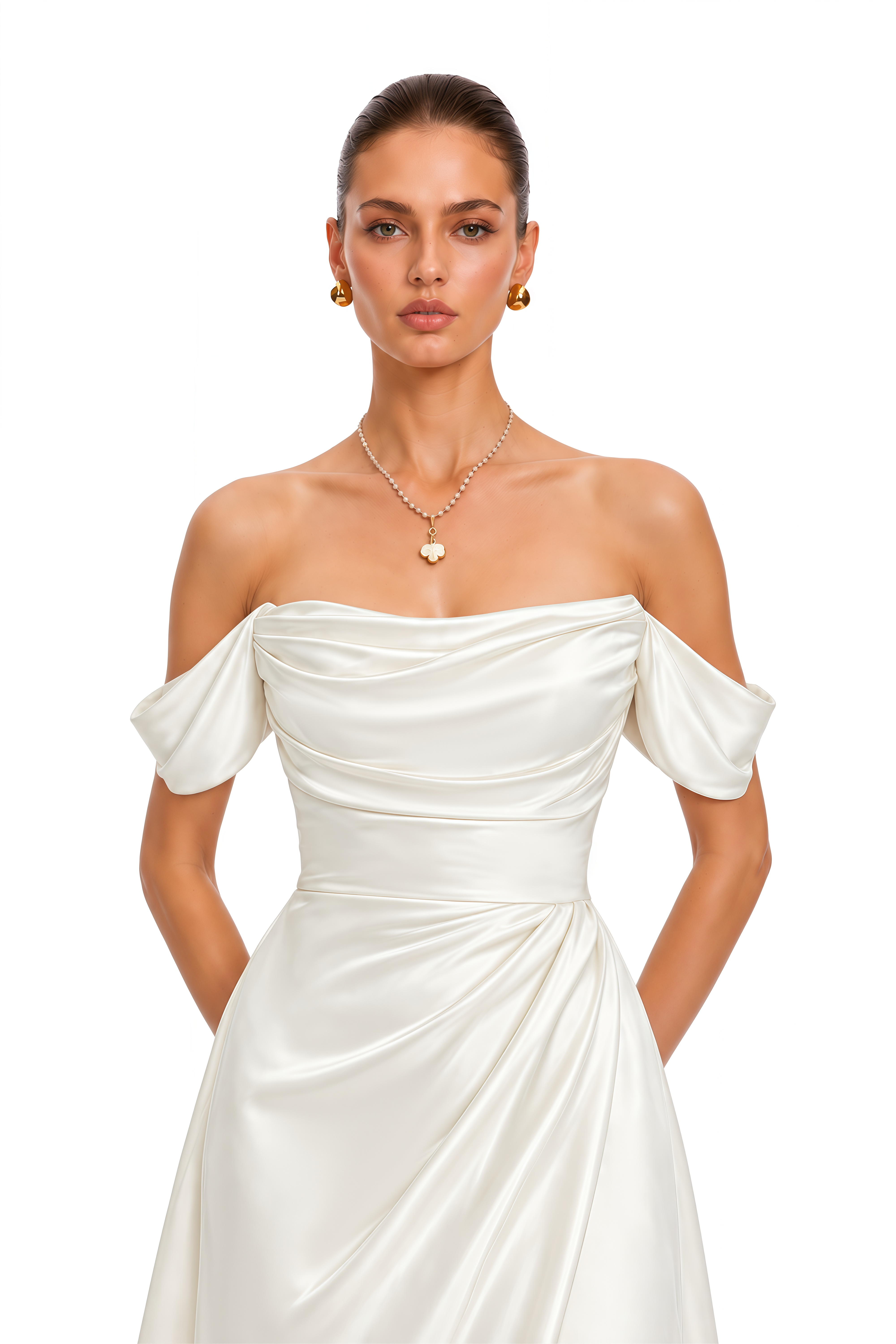 Trudie White Off Shoulder Draped Slit Maxi Dress