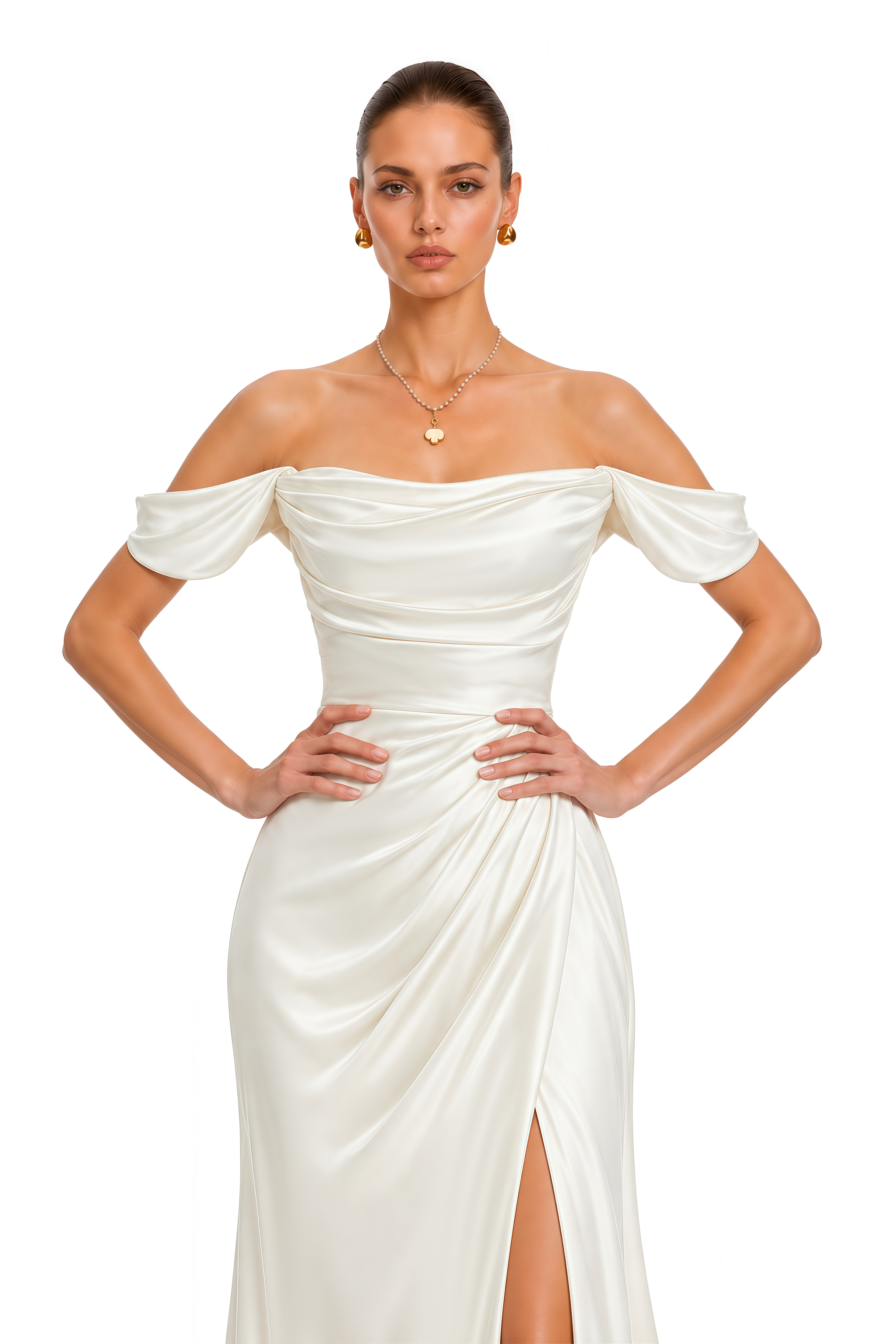 Trudie White Off Shoulder Draped Slit Maxi Dress