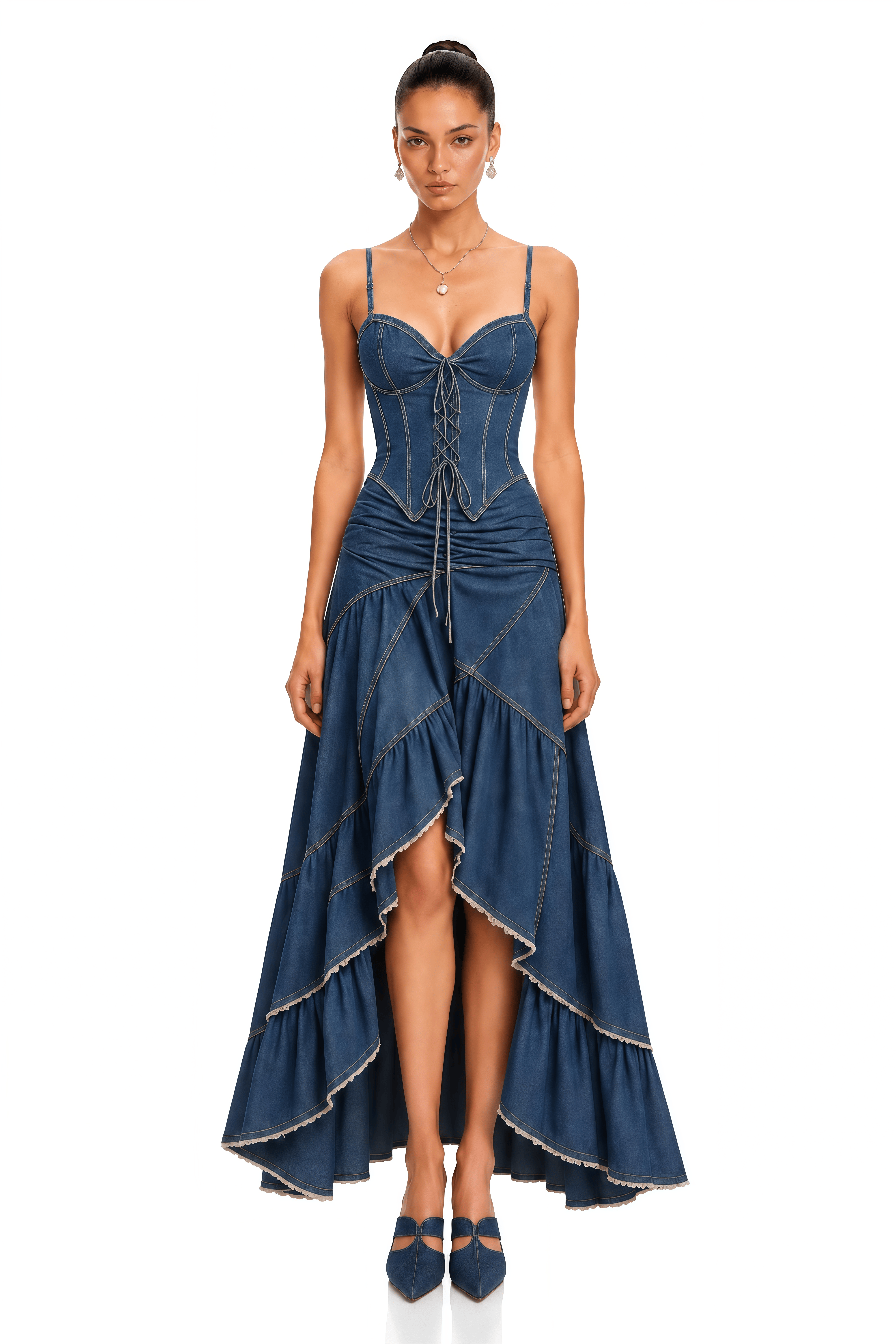Tuana Blue Corset Ruffled High-Low Denim Maxi Dress