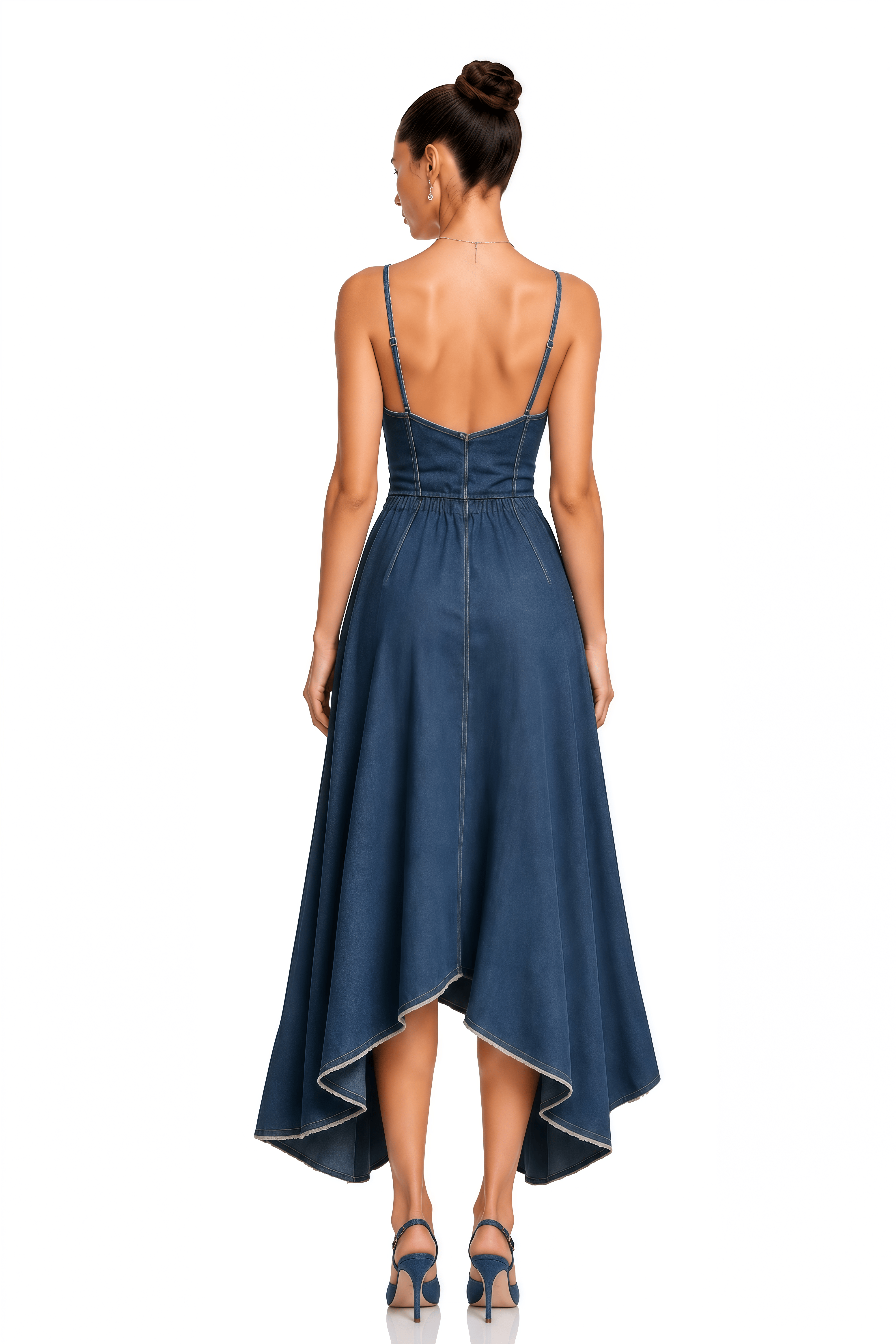 Tuana Blue Corset Ruffled High-Low Denim Maxi Dress