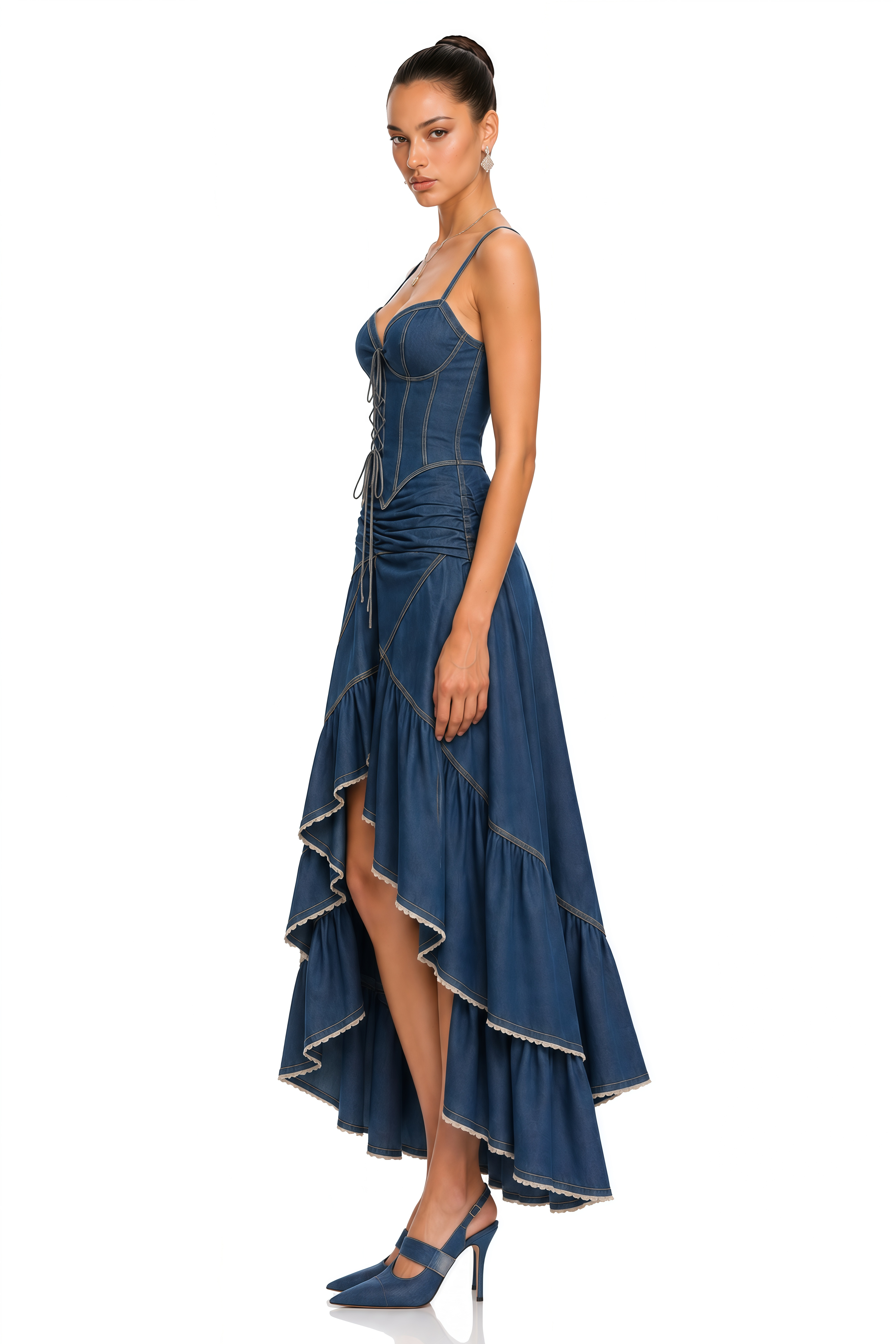 Tuana Blue Corset Ruffled High-Low Denim Maxi Dress