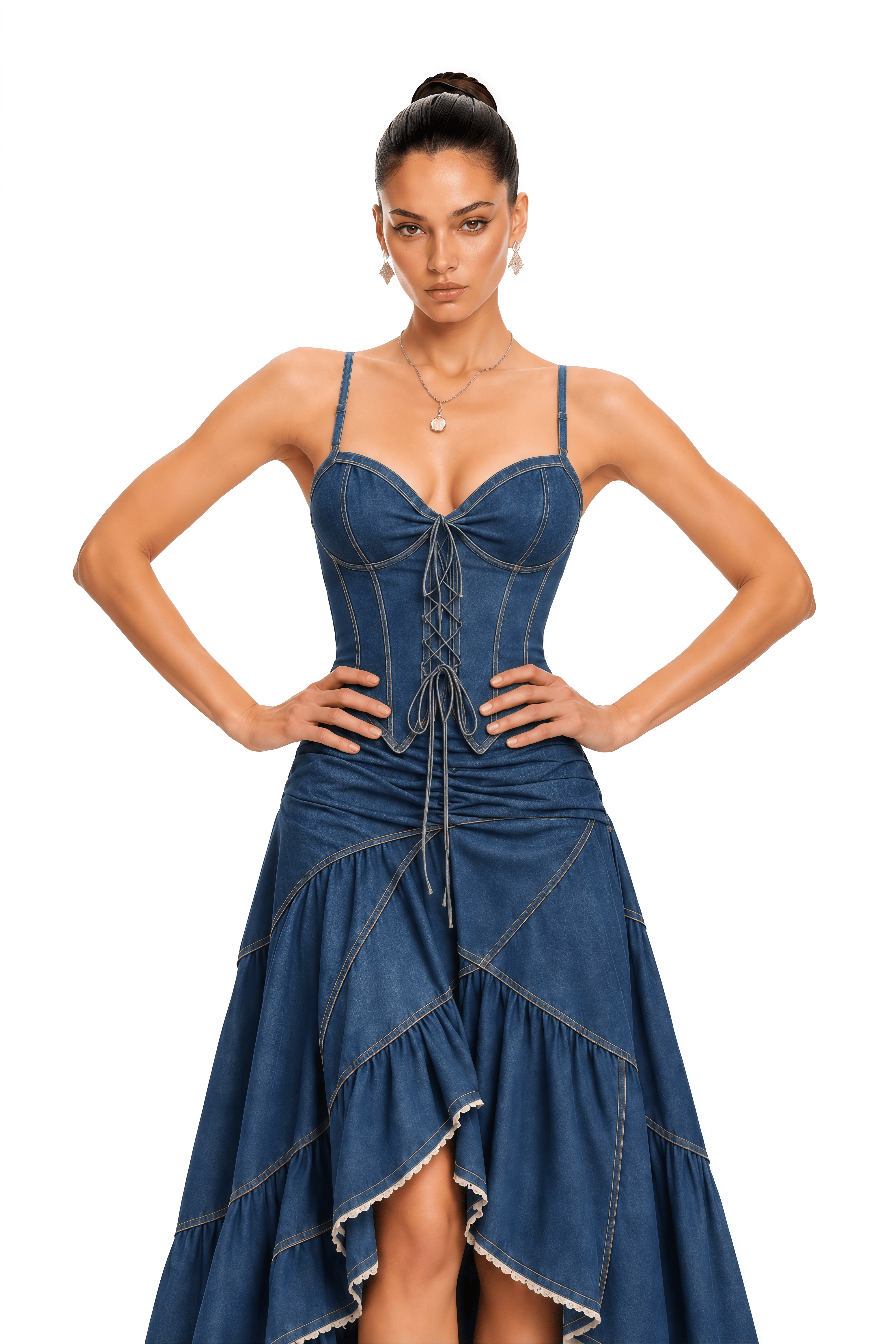 Tuana Blue Corset Ruffled High-Low Denim Maxi Dress