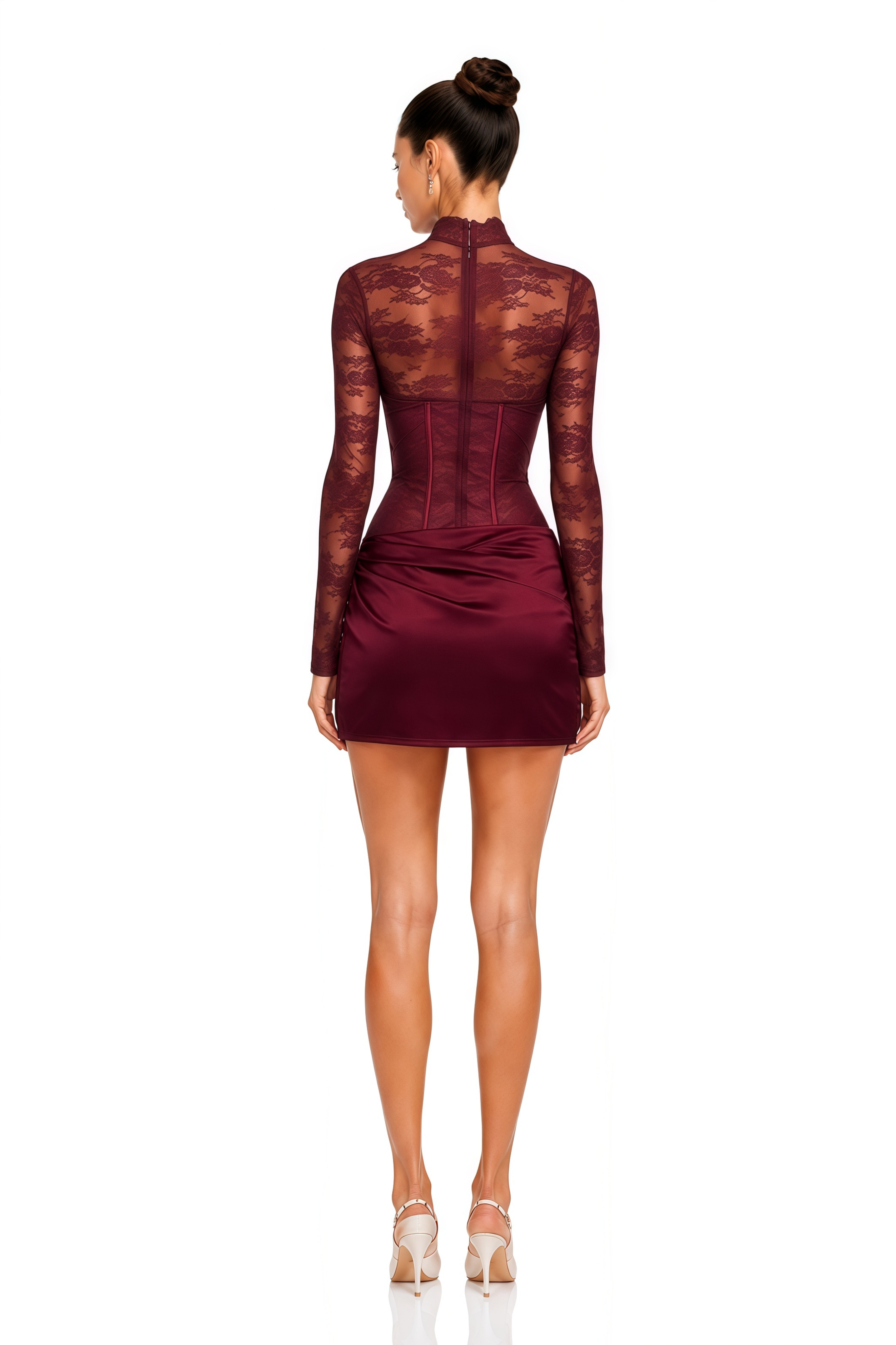 Turid Burgundy Satin Mini Dress with Floral Lace Panels