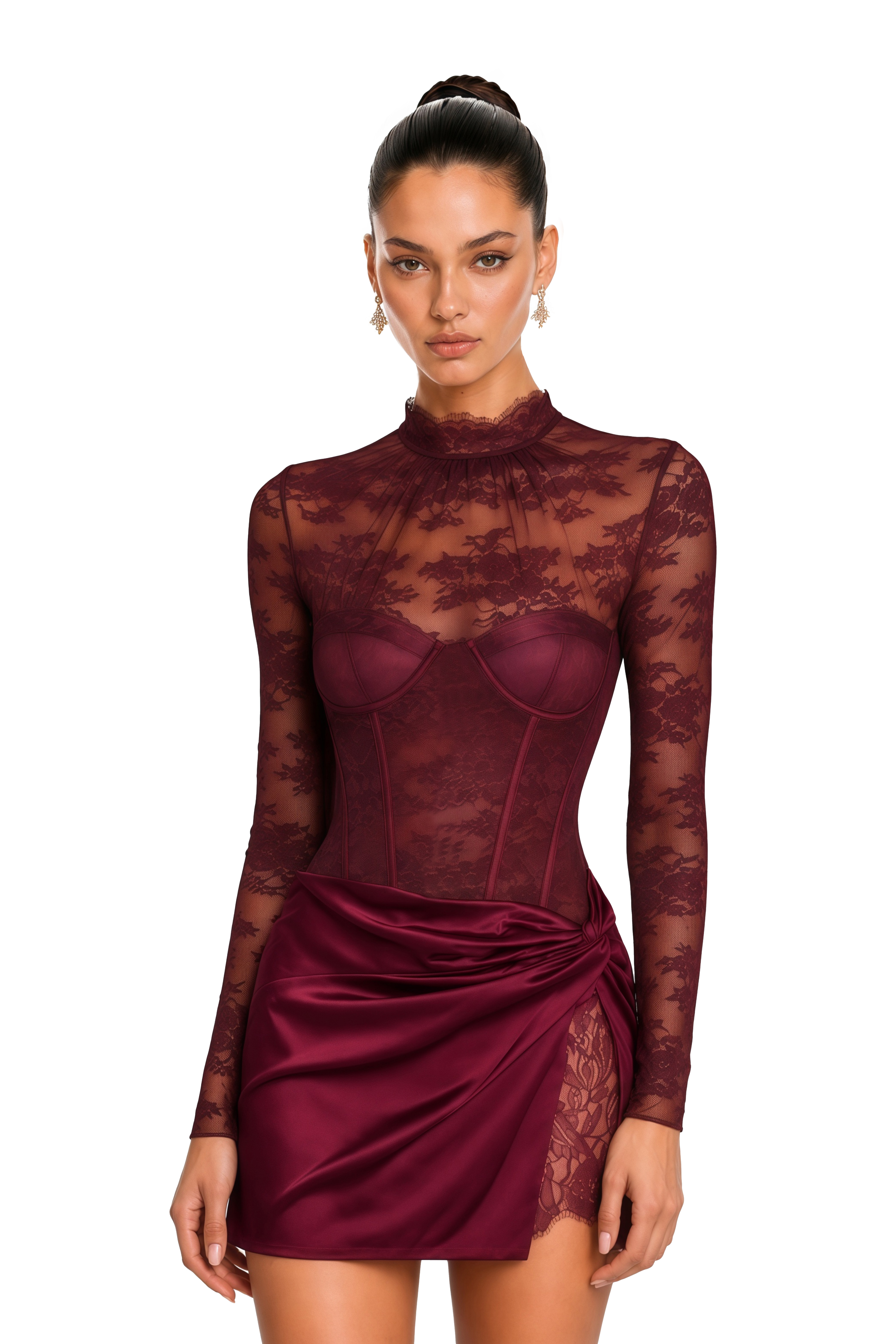 Turid Burgundy Satin Mini Dress with Floral Lace Panels