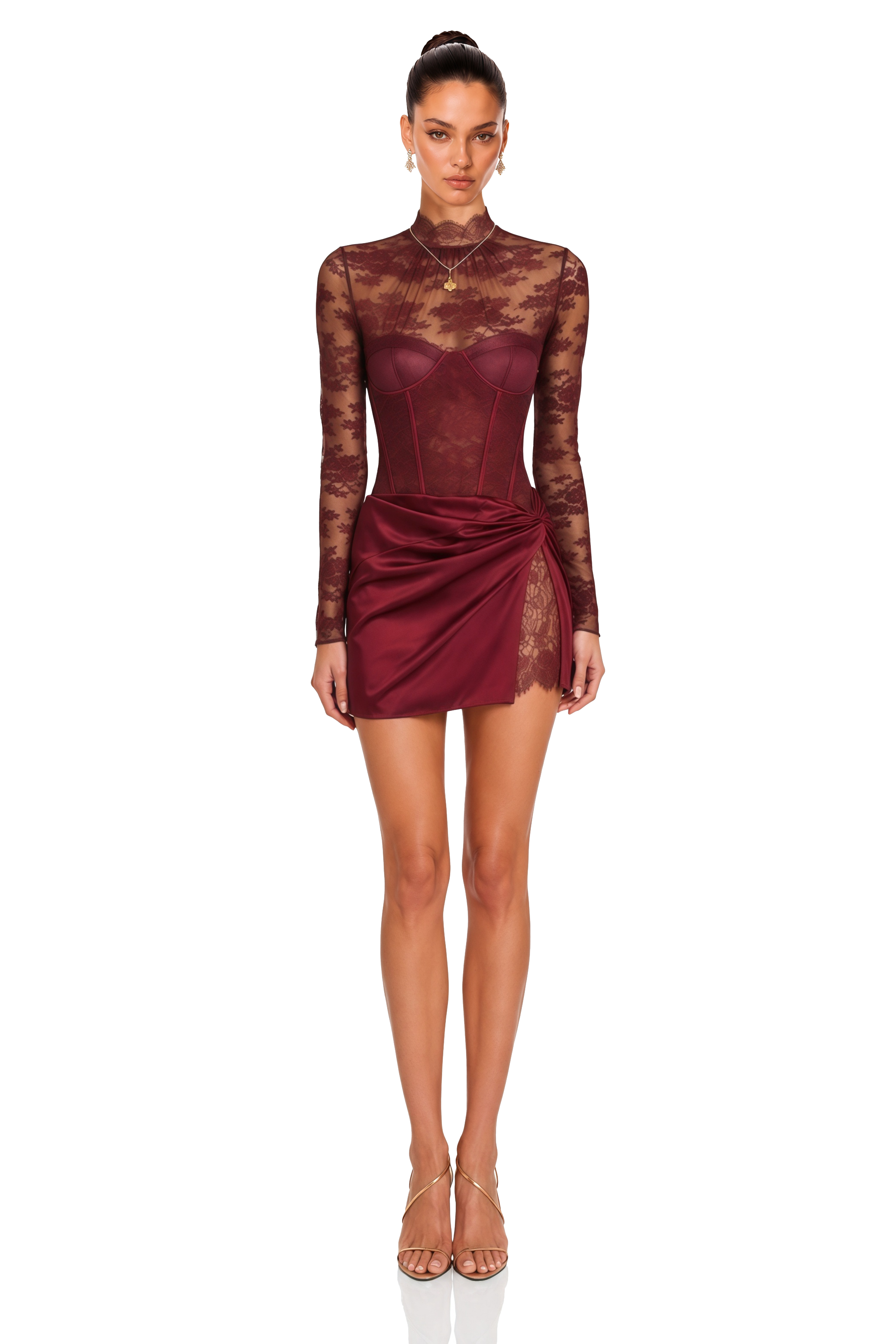 Turid Burgundy Satin Mini Dress with Floral Lace Panels