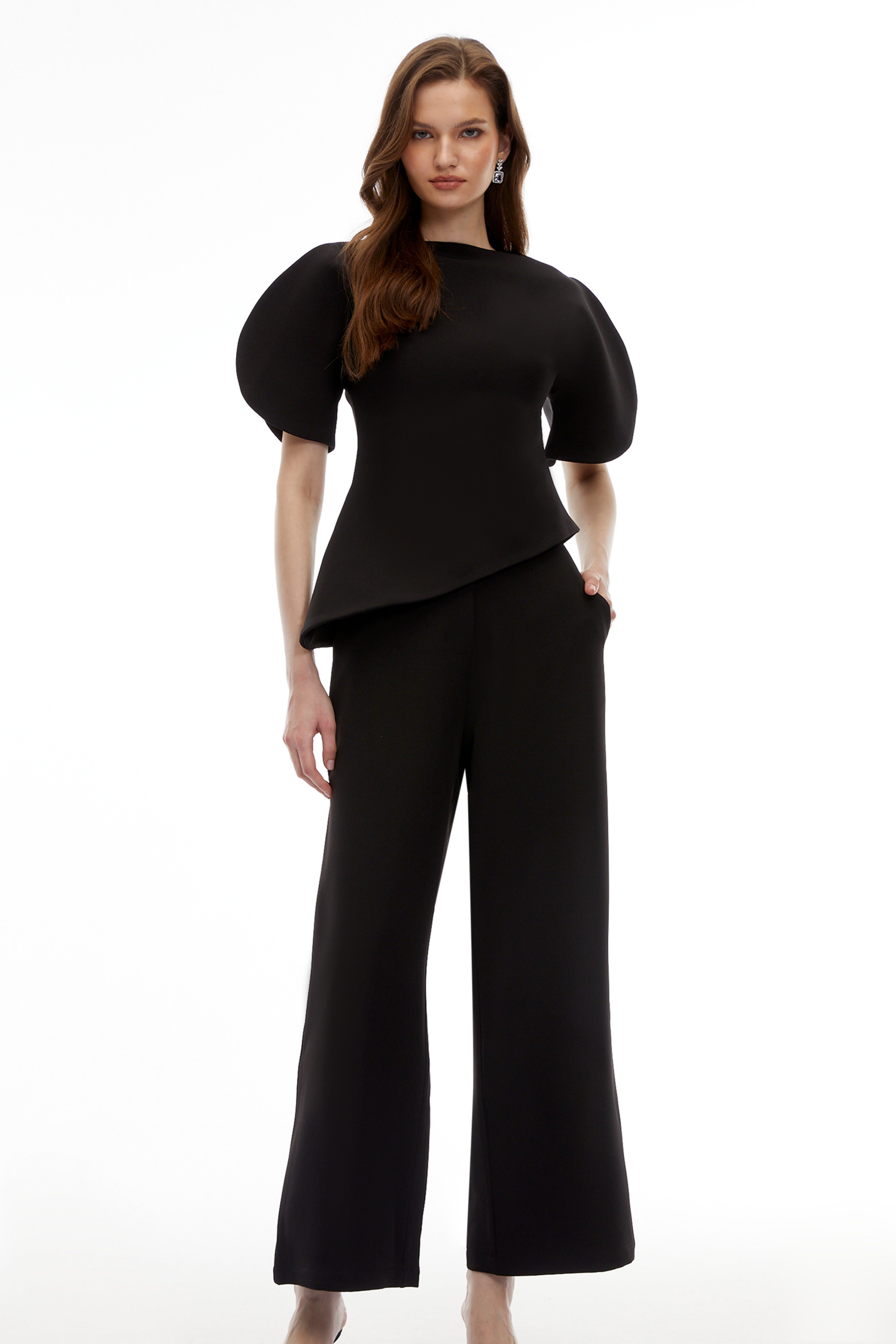 Black Puff Sleeves Asymmetrical Top