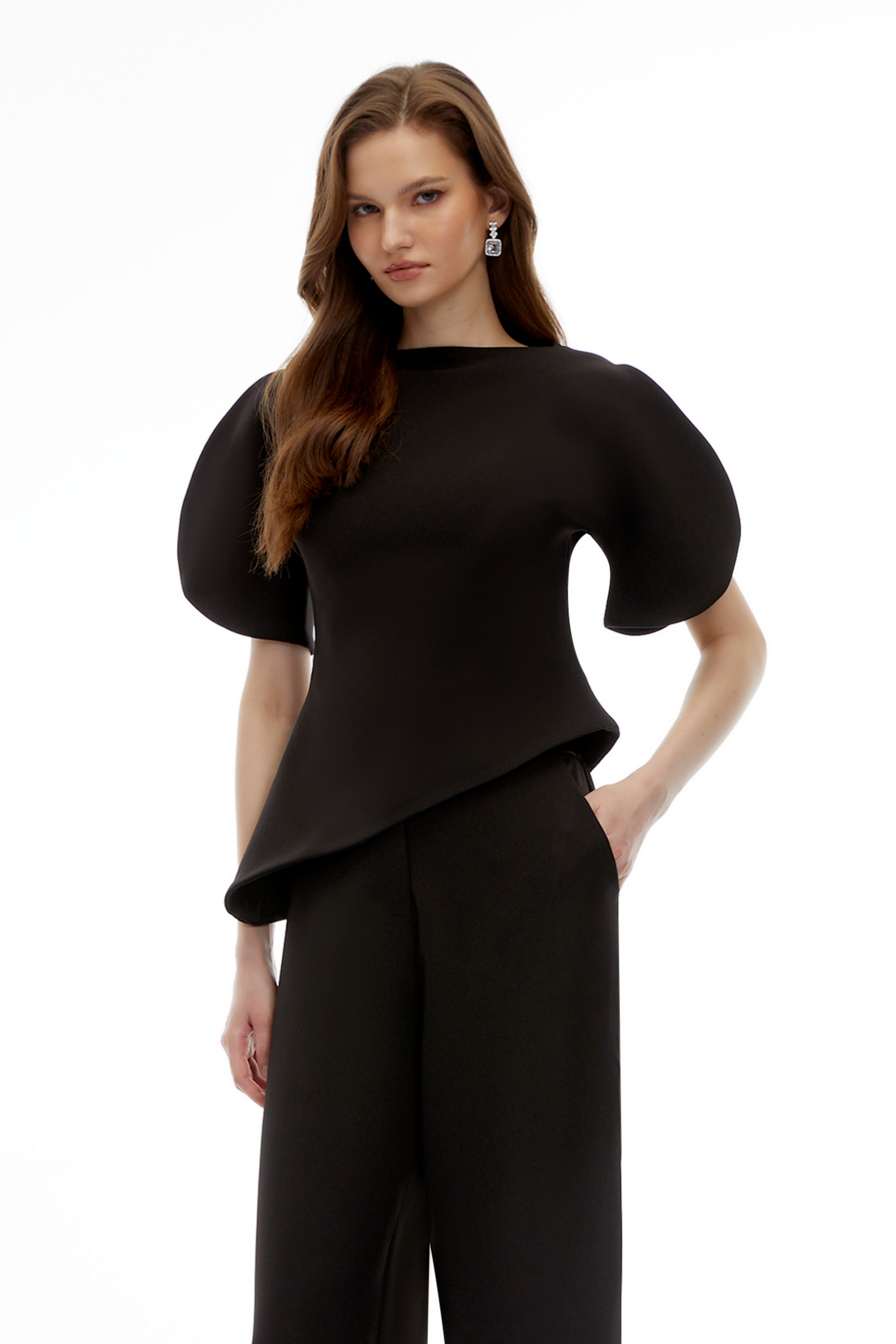 Black Puff Sleeves Asymmetrical Top