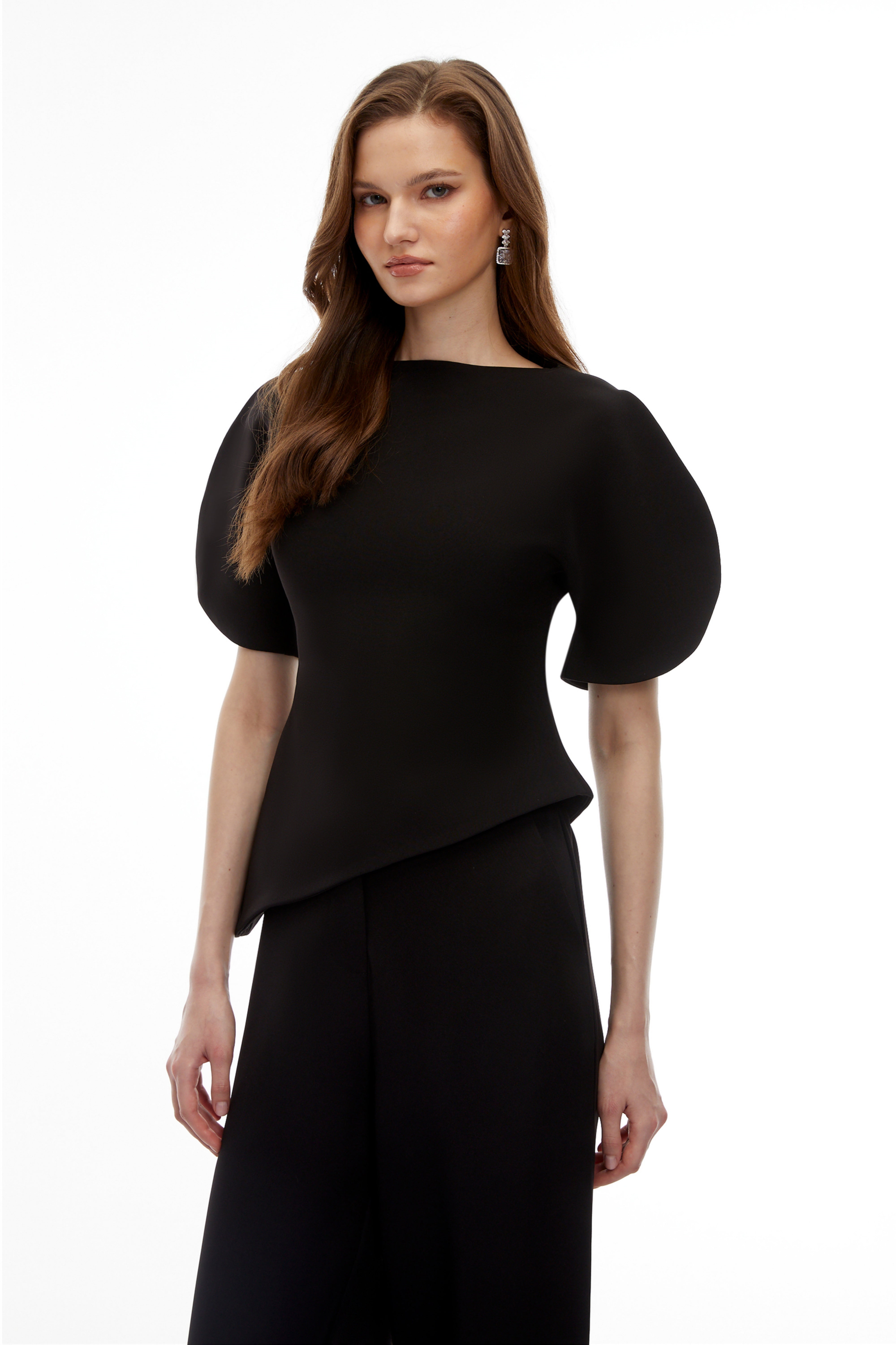 Black Puff Sleeves Asymmetrical Top
