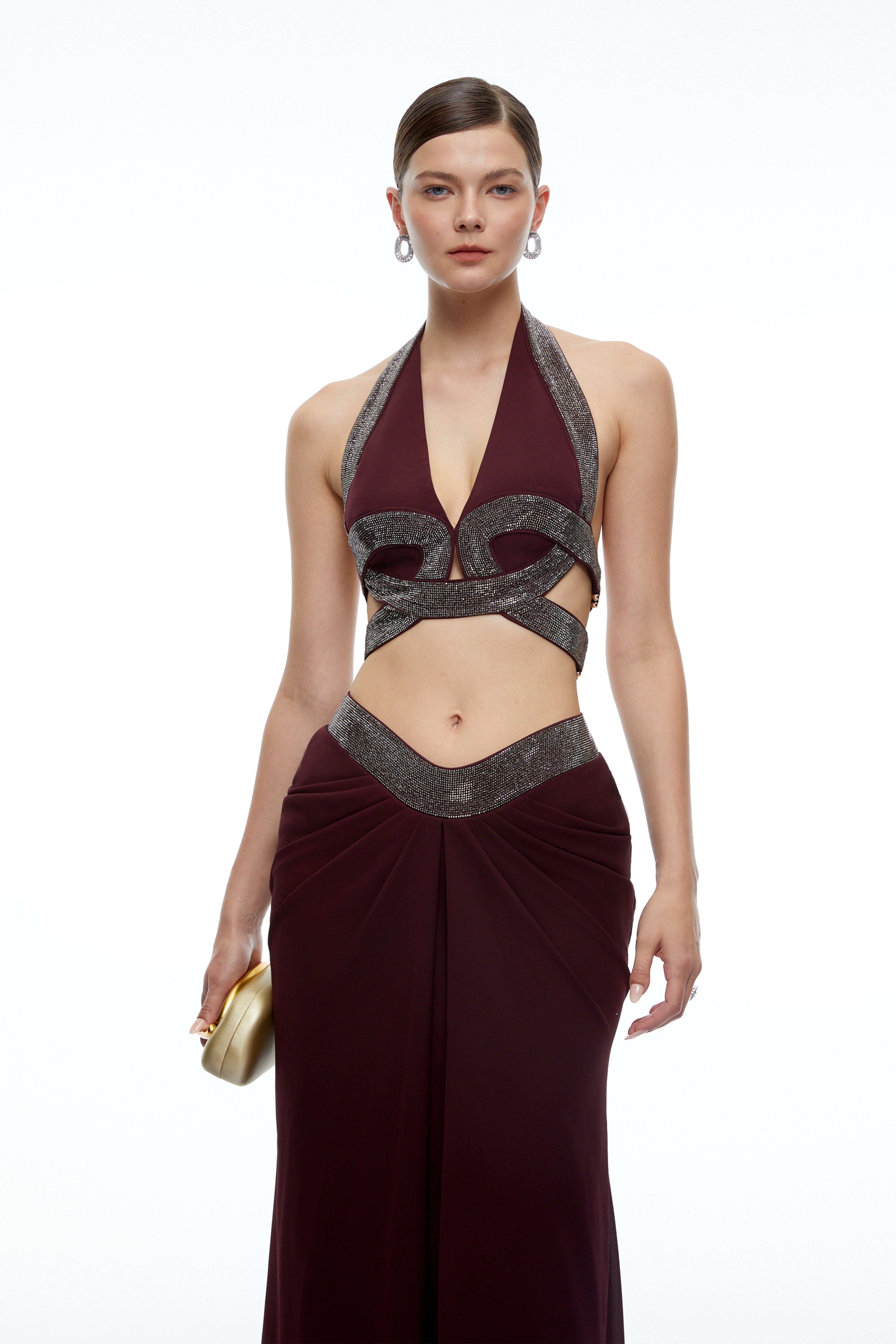 Unni Brown Halterneck Rhinestone Top & Ruched Skirt Set