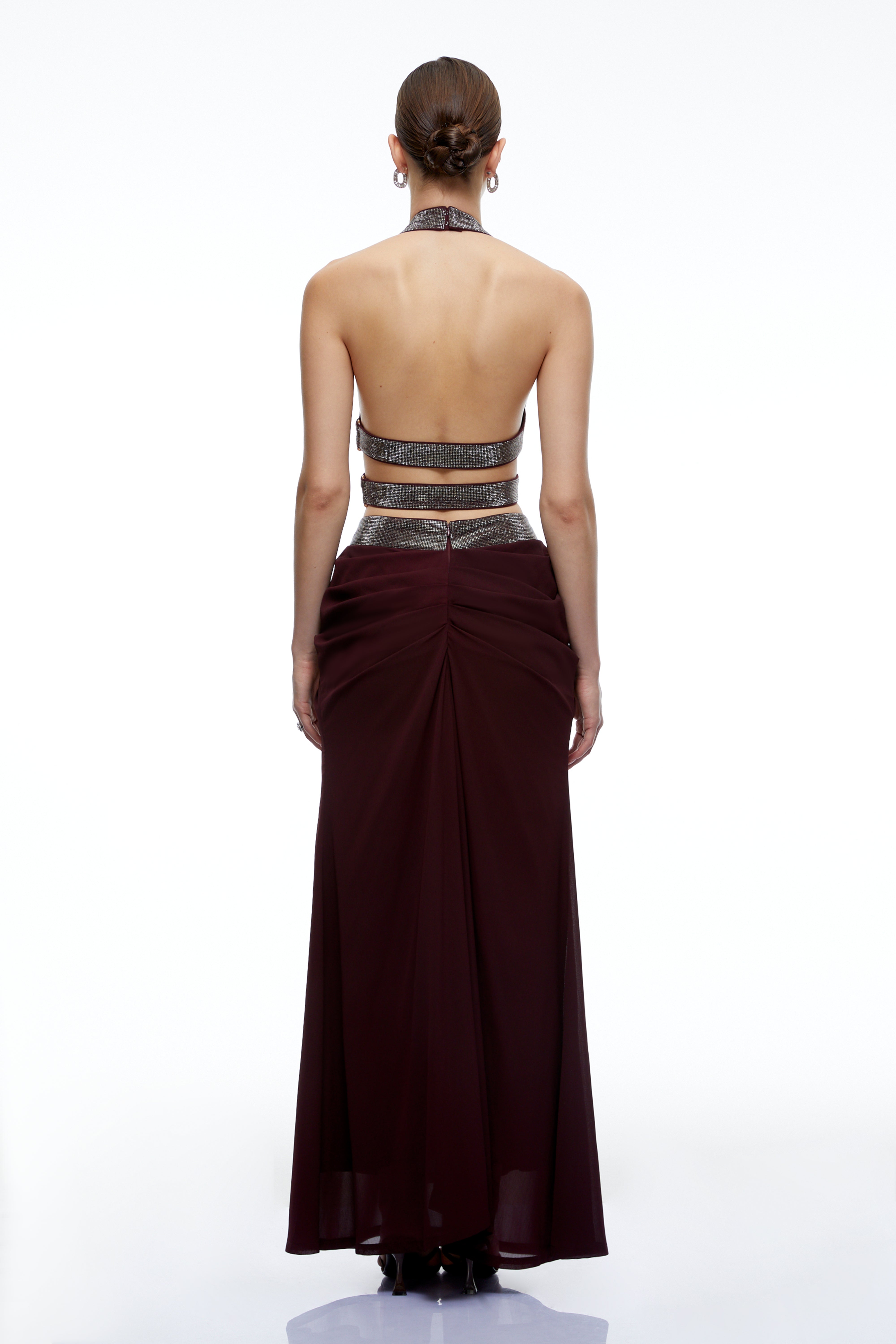 Unni Brown Halterneck Rhinestone Top & Ruched Skirt Set