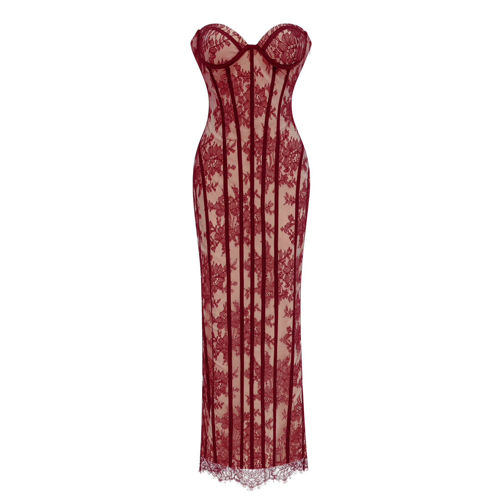 Burgundy strapless maxi dress featuring a nude lining with floral lace overlay and structured corset boning