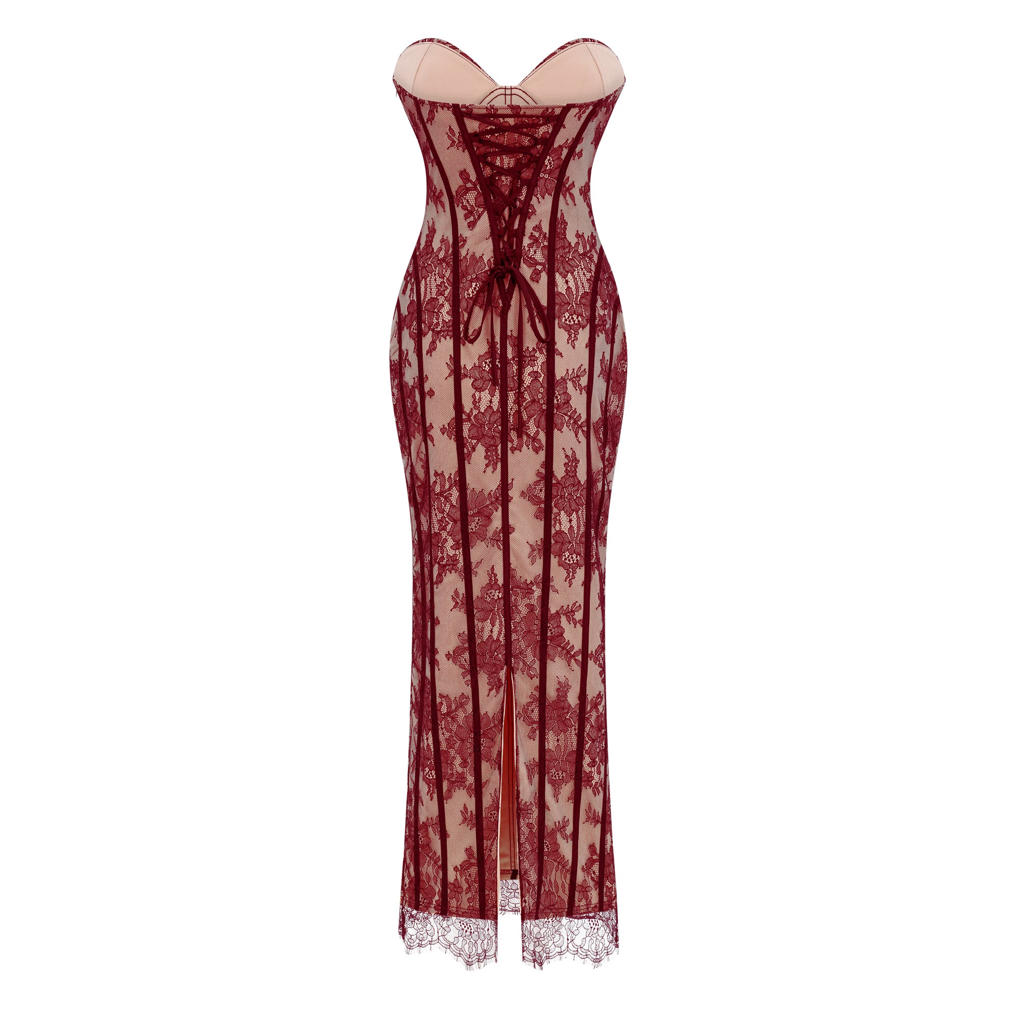 Burgundy strapless maxi dress featuring a nude lining with floral lace overlay and structured corset boning