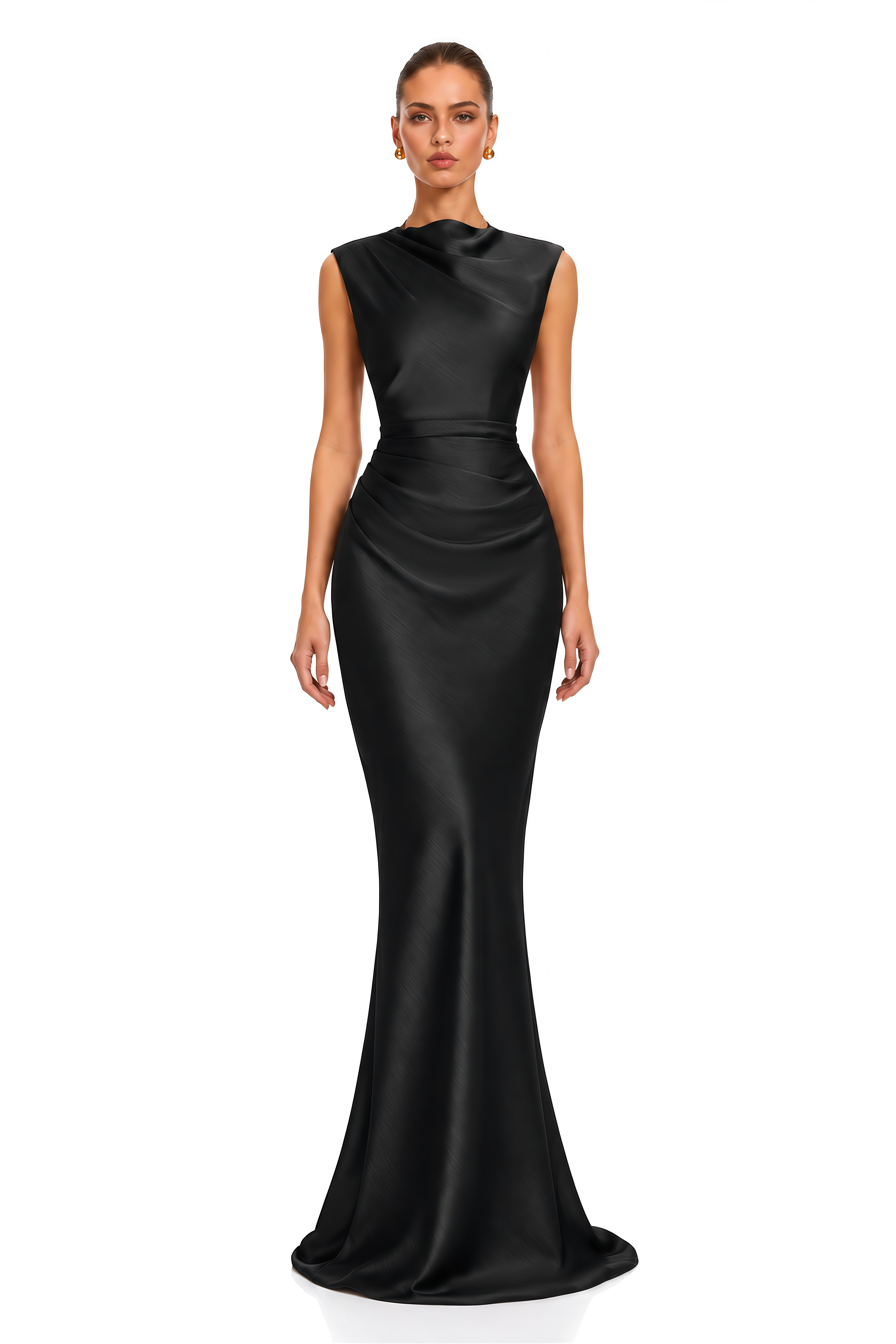 Valencia Black Draped Satin Mermaid Maxi Dress