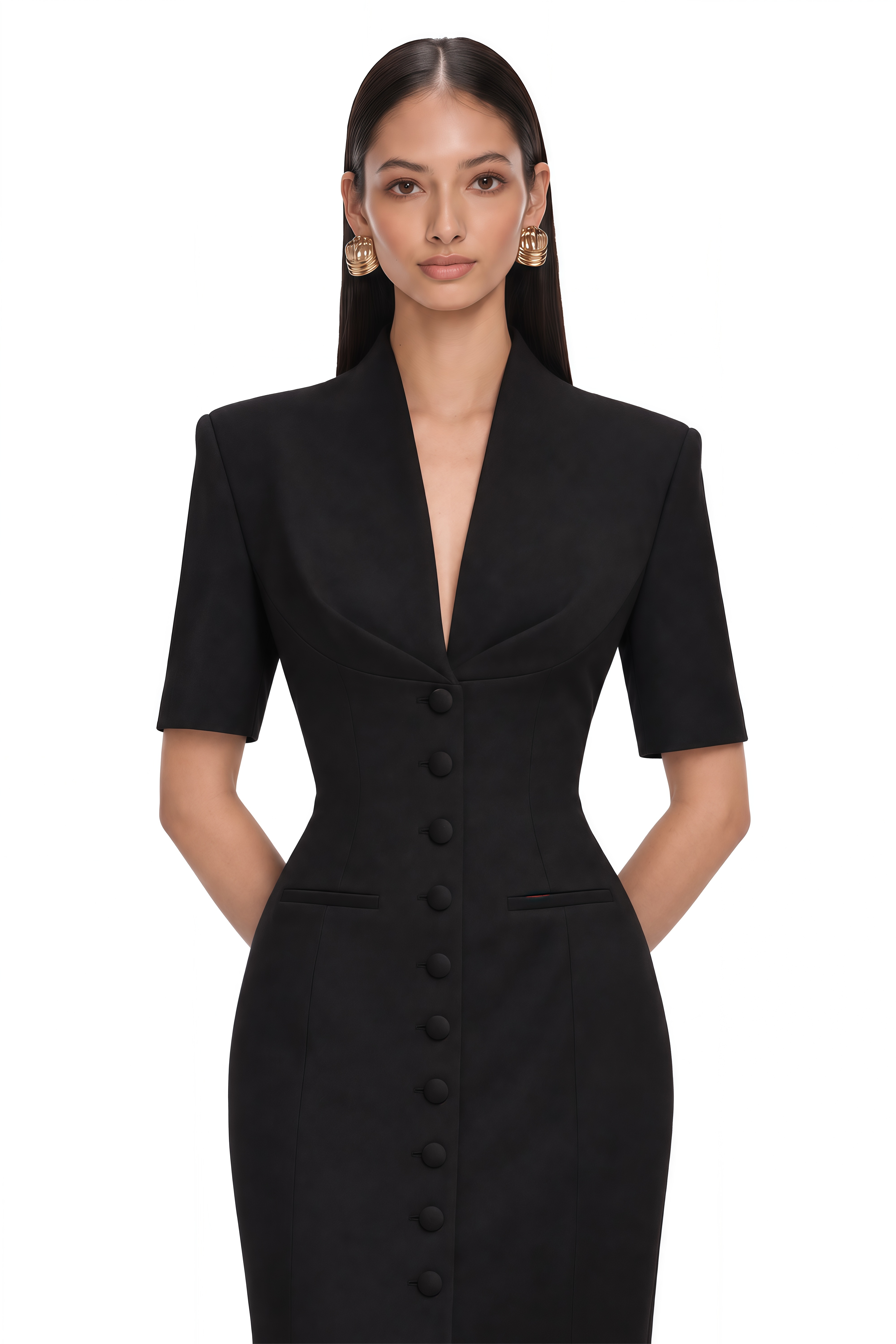 Valencia Black Structured Button Front Blazer Maxi Dress