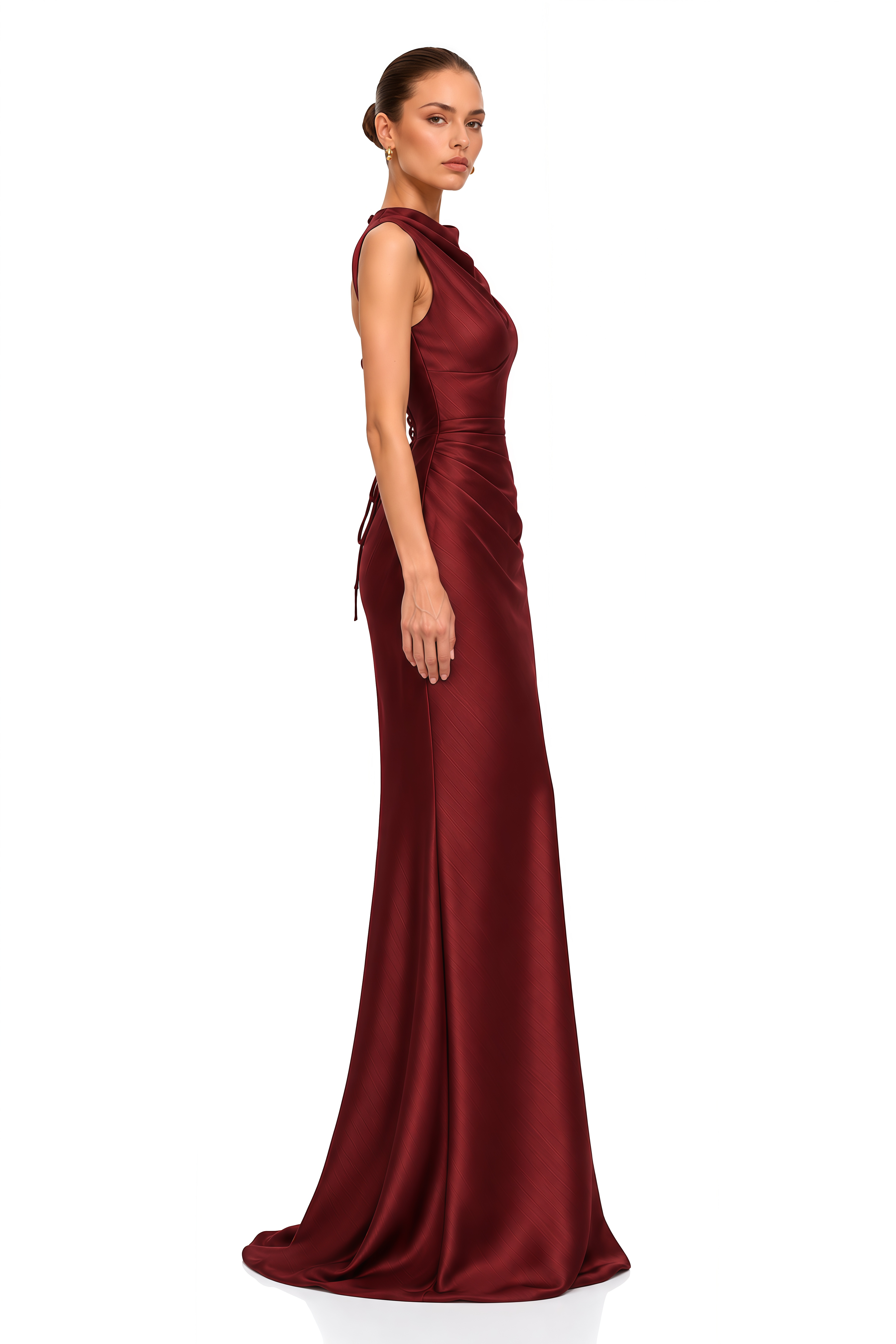 Valencia Burgundy Draped Satin Mermaid Maxi Dress