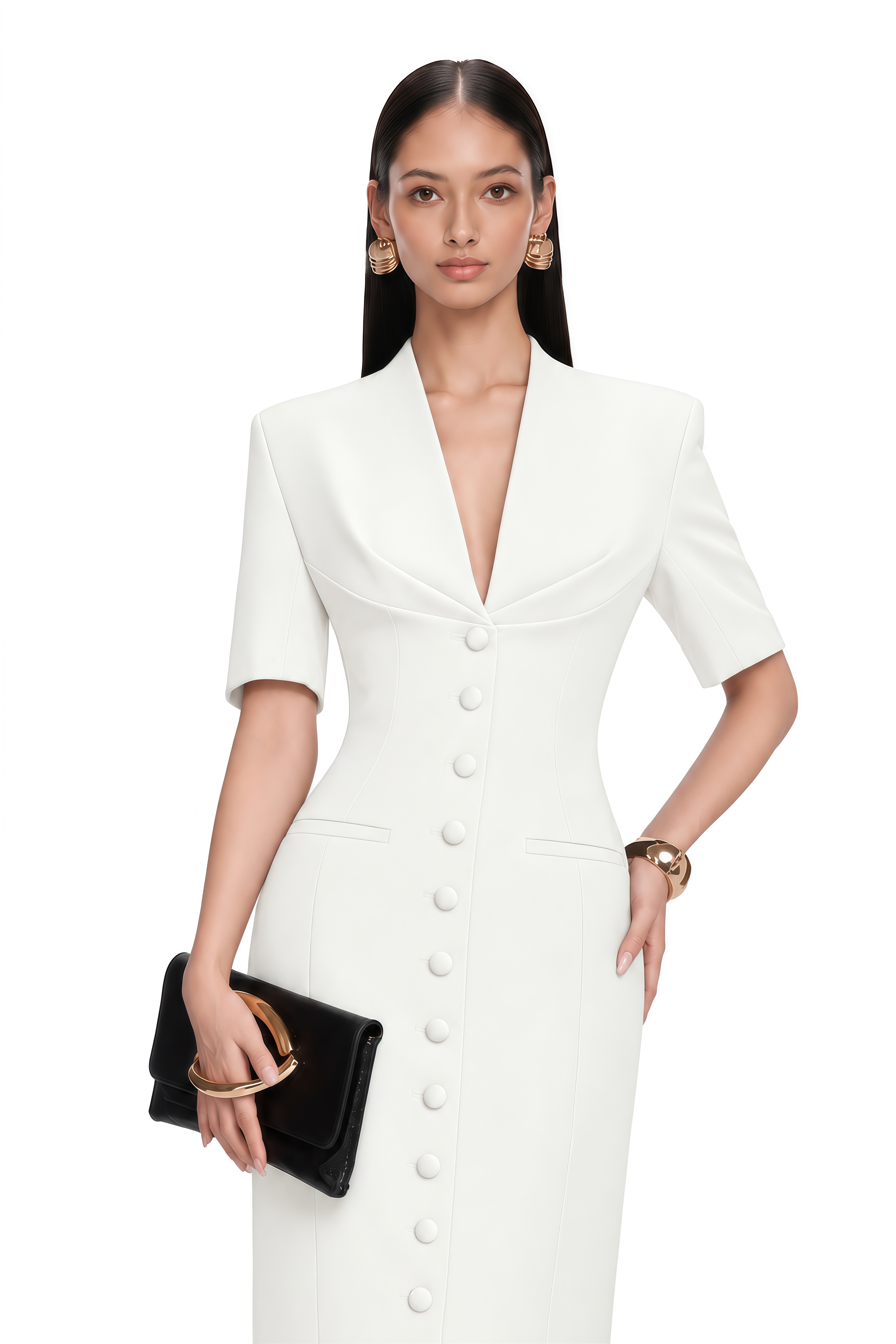Valencia White Structured Button Front Blazer Maxi Dress