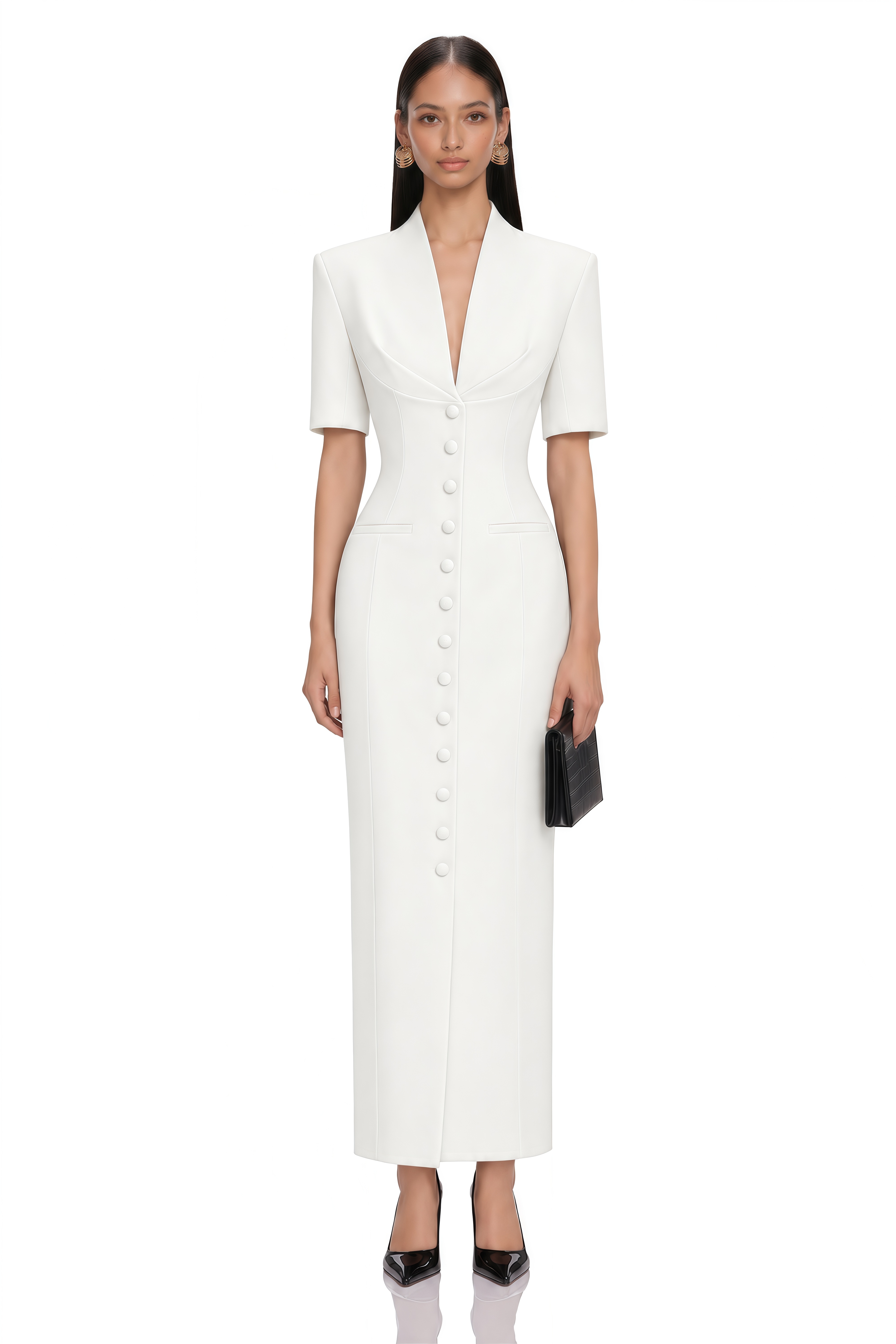Valencia White Structured Button Front Blazer Maxi Dress