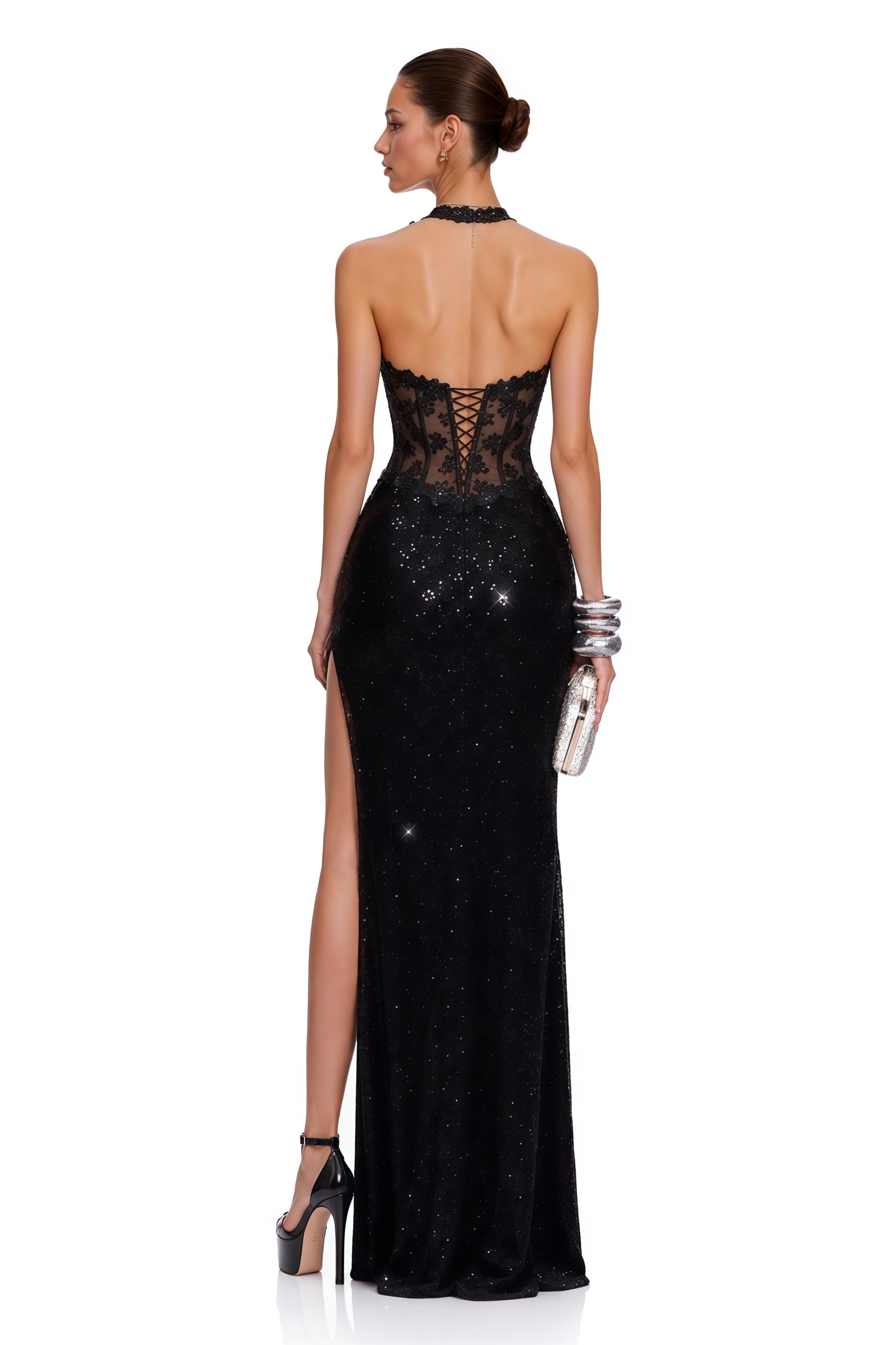 Valentina Black Sequin Lace Halterneck Slit Maxi Dress